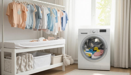 A cozy nursery with baby clothes hanging above a washing machine, highlighting laundry storage and clothing care.
