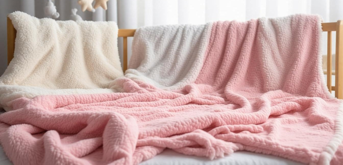 Soft pink and cream blankets draped over a crib, ideal for a sleeping baby for warmth and comfort.
