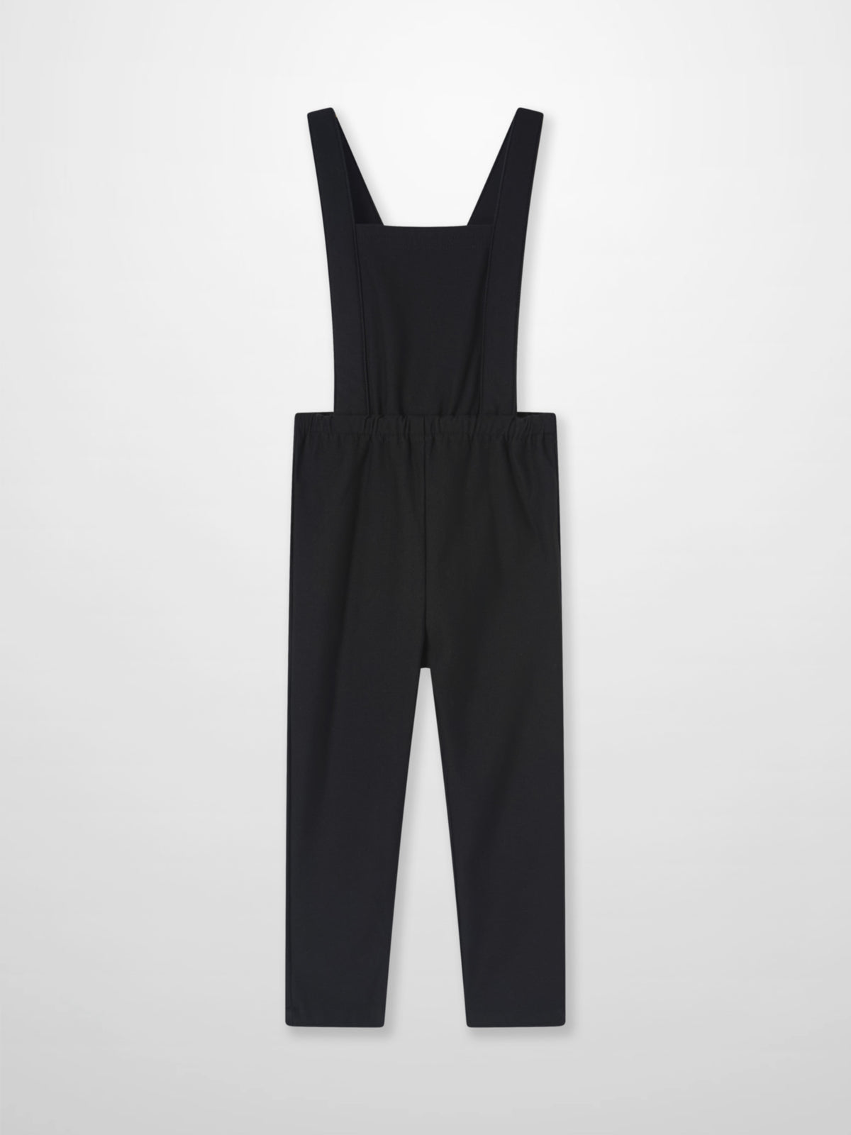 Adee black denim overalls with wide shoulder straps and bib, unisex.
