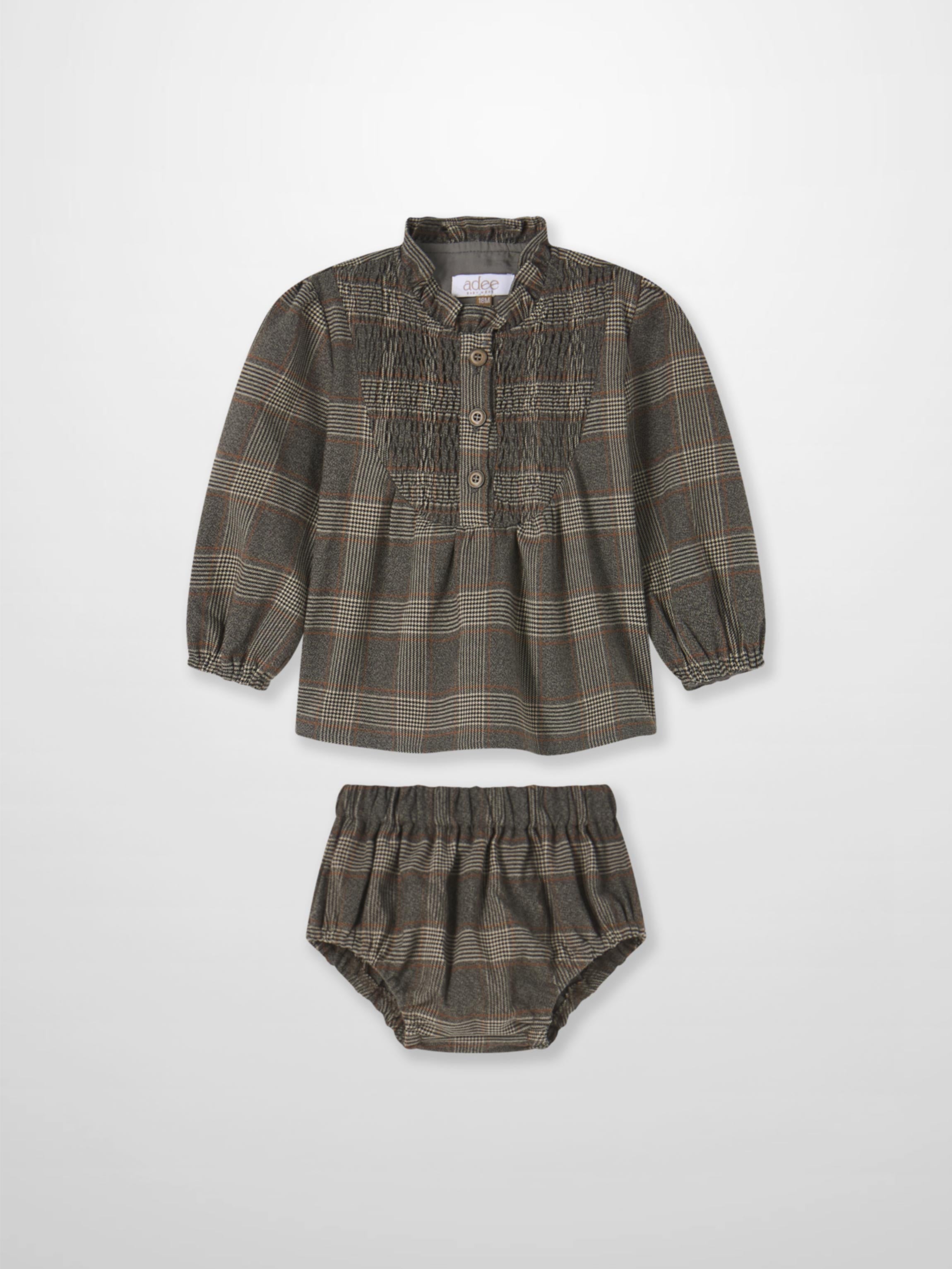 Plaid shirt and bloomers set for little girls, grey plaid, by Adee