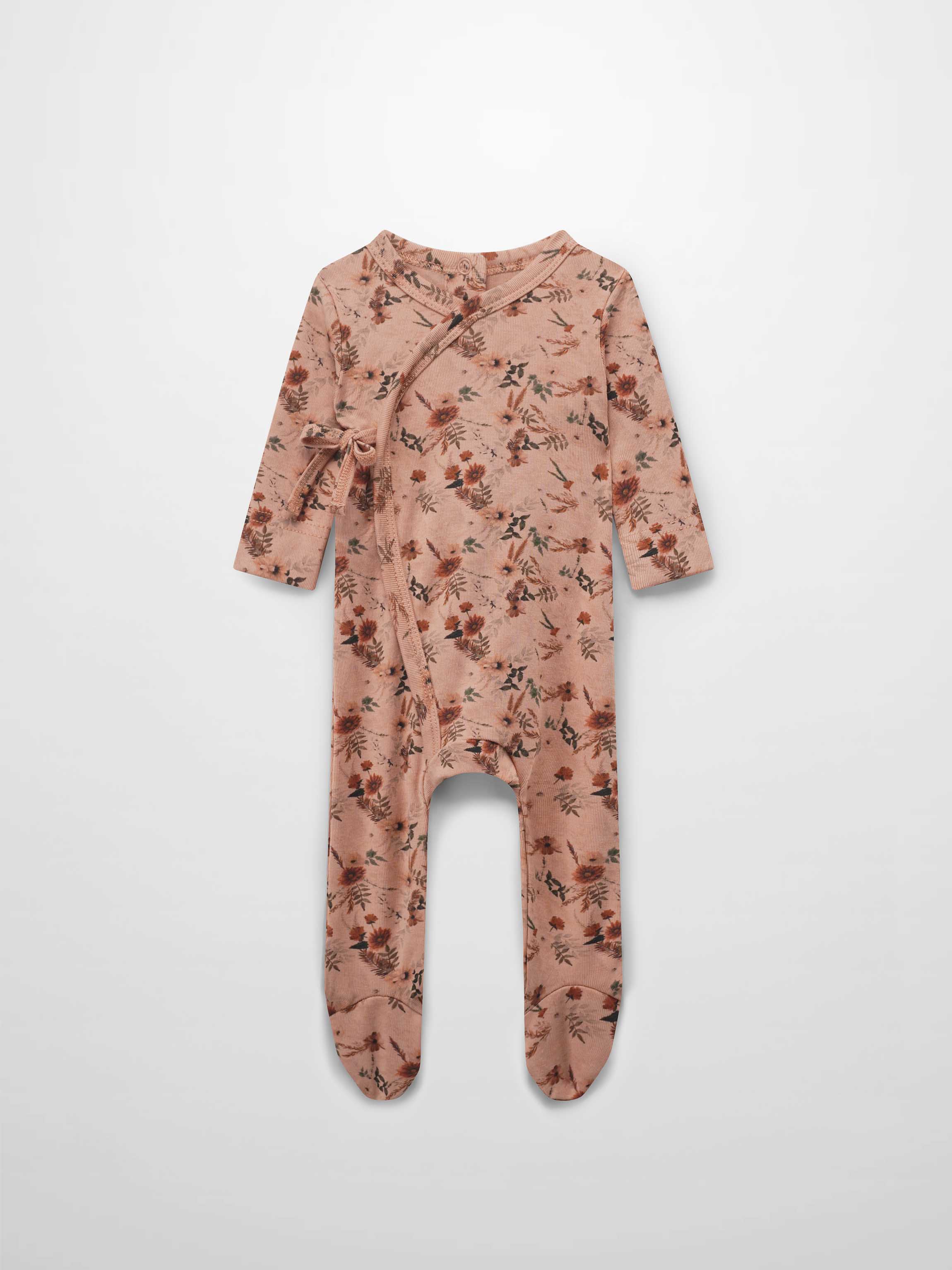 orange and light tan blossoms baby girl jumpsuit footie
