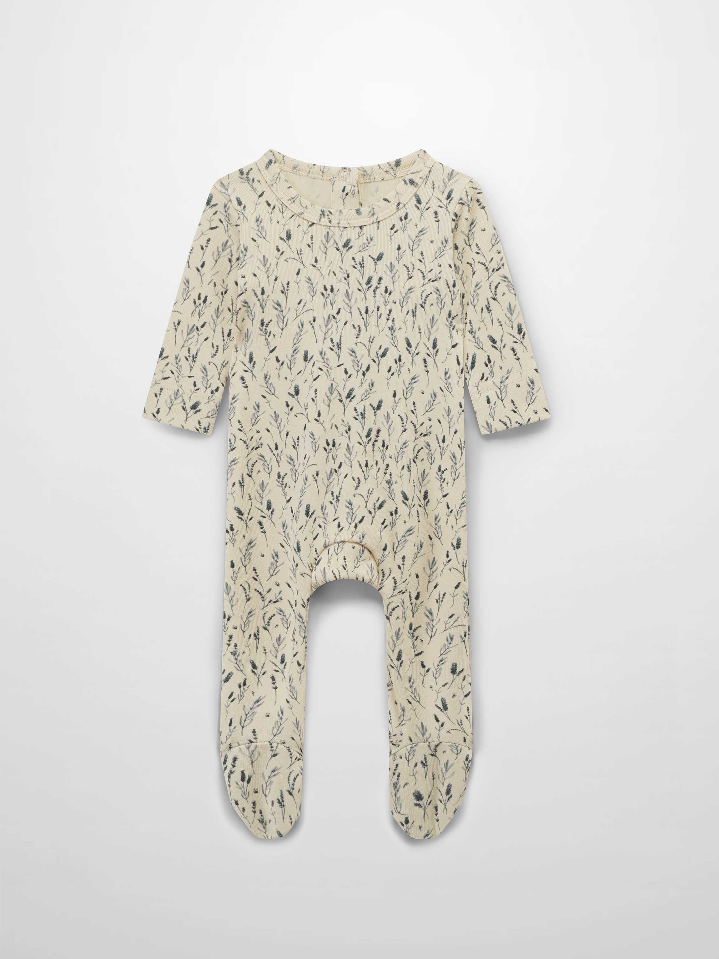 soft light beige stretchy with green and blue leafy sprigs