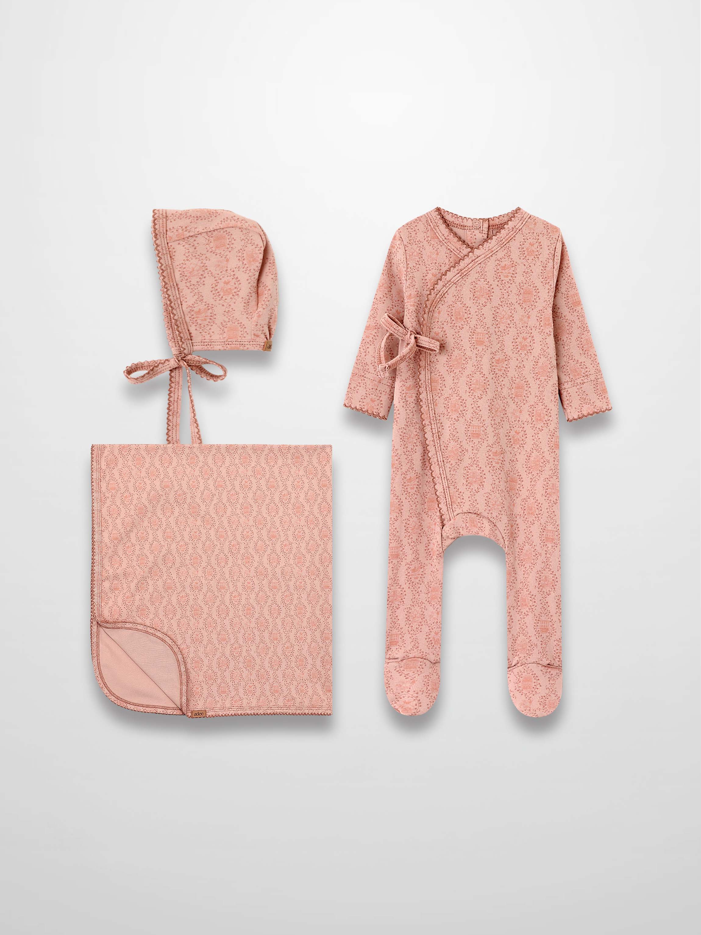 Pink Charm Layette Set by Adee; includes pink patterned hat, blanket, and footed romper.