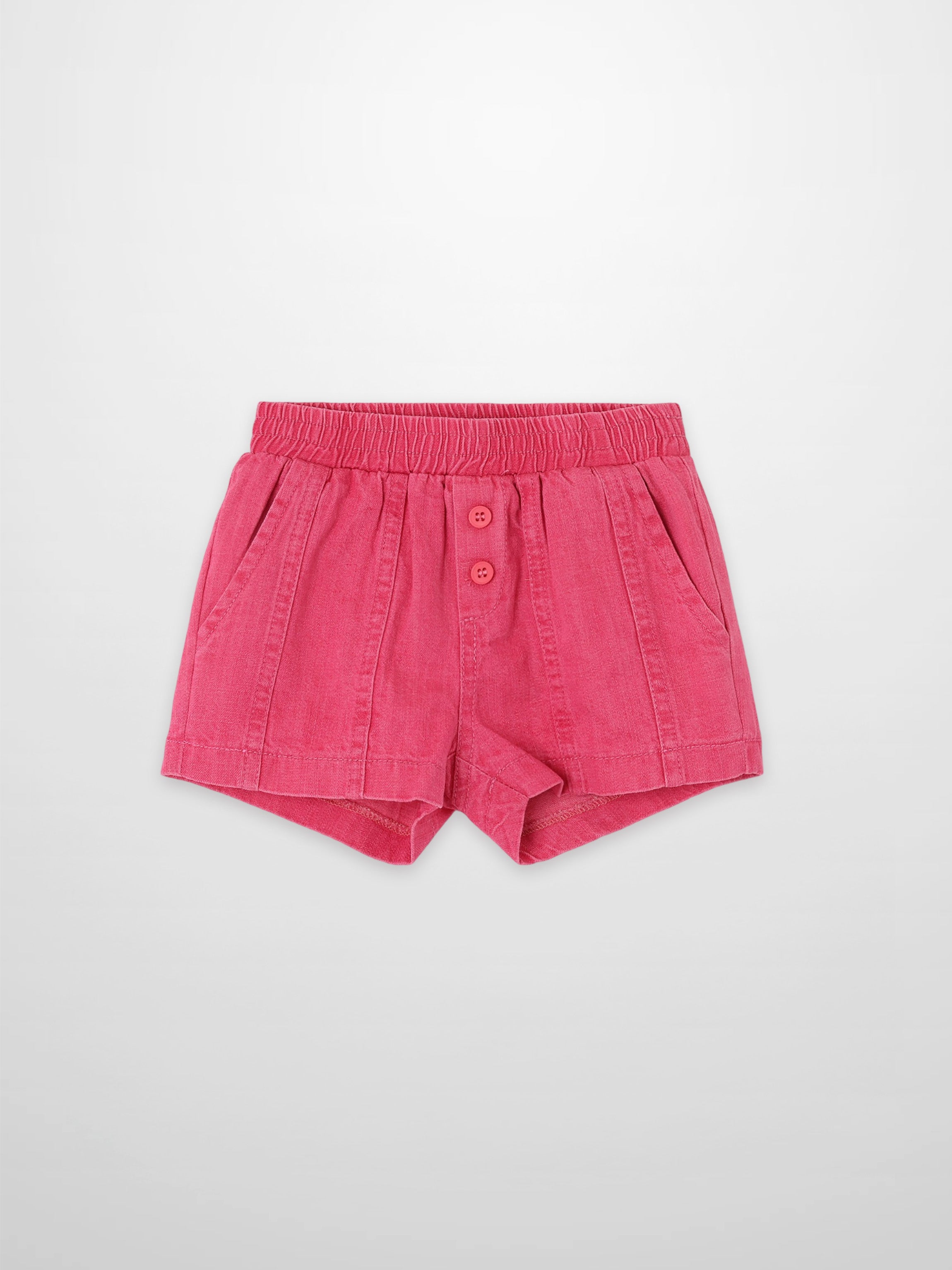 Paneled pink denim shorts for girls with elastic waistband and front buttons