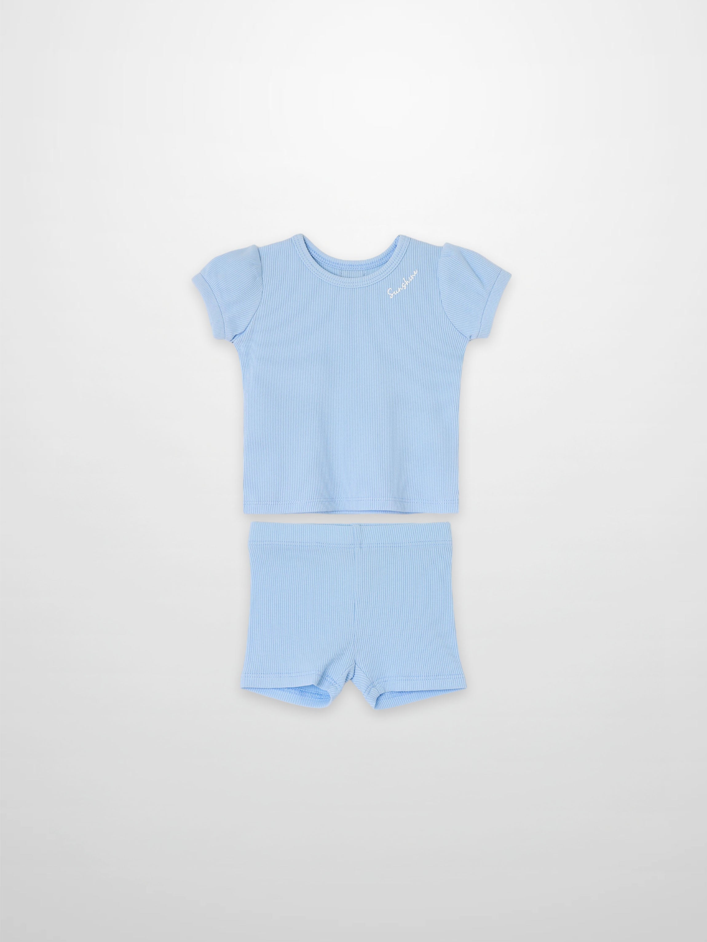 Ribbed Short Puff Sleeve T-shirt & Shorts Set - Light Blue