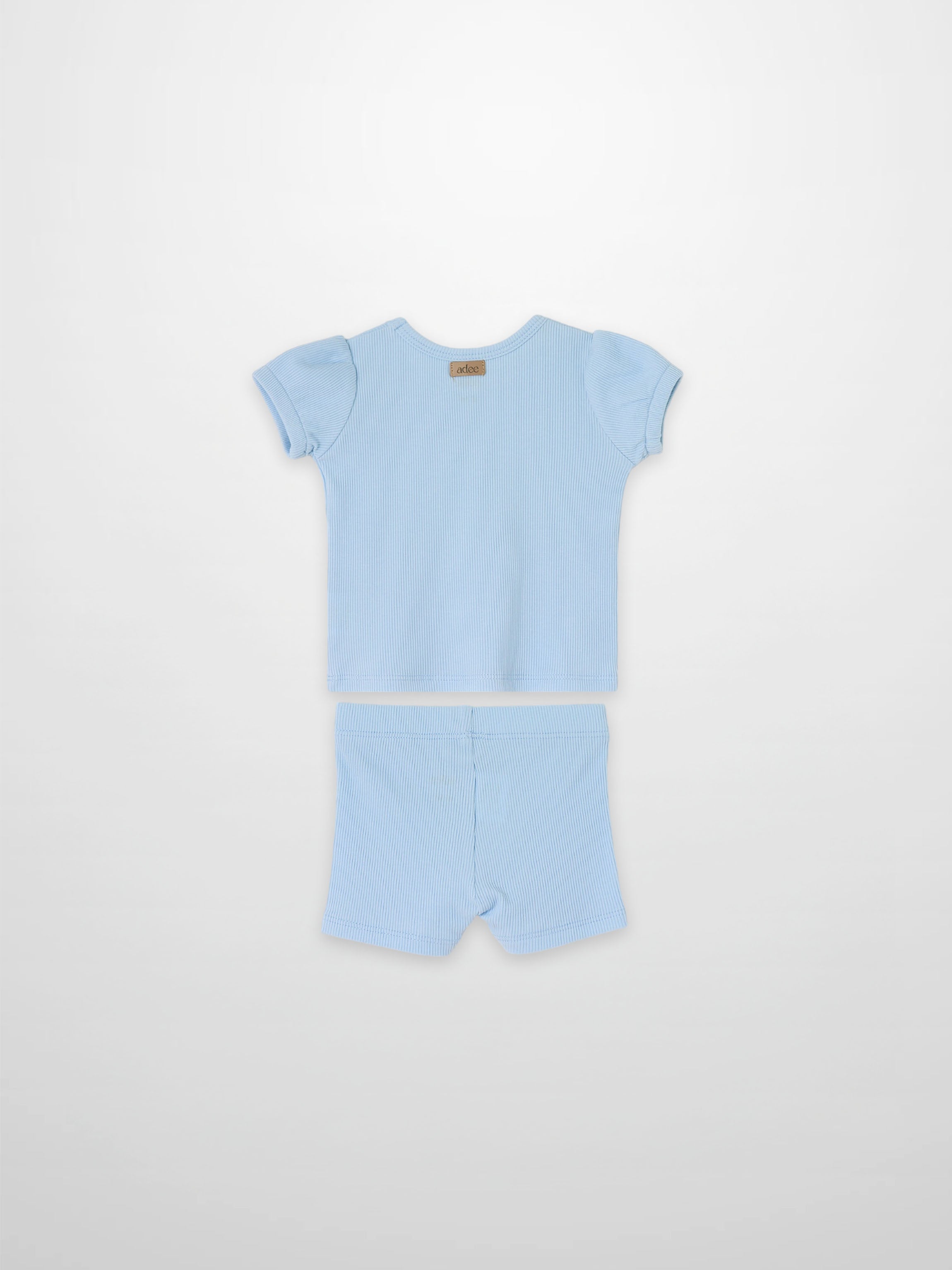 Ribbed Short Puff Sleeve T-shirt & Shorts Set - Light Blue