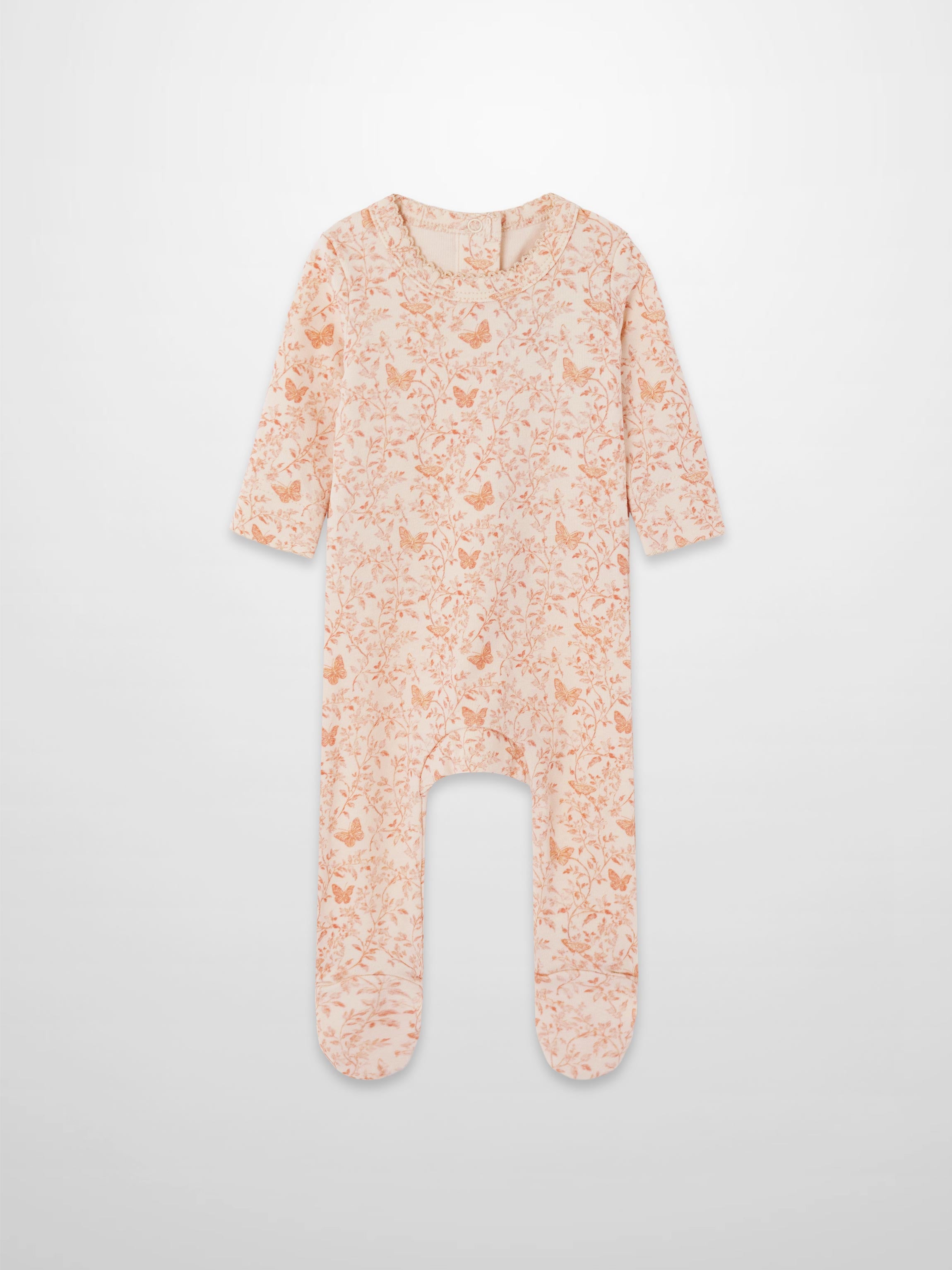 light pink printed butterflies with floral on a baby jumpsuit