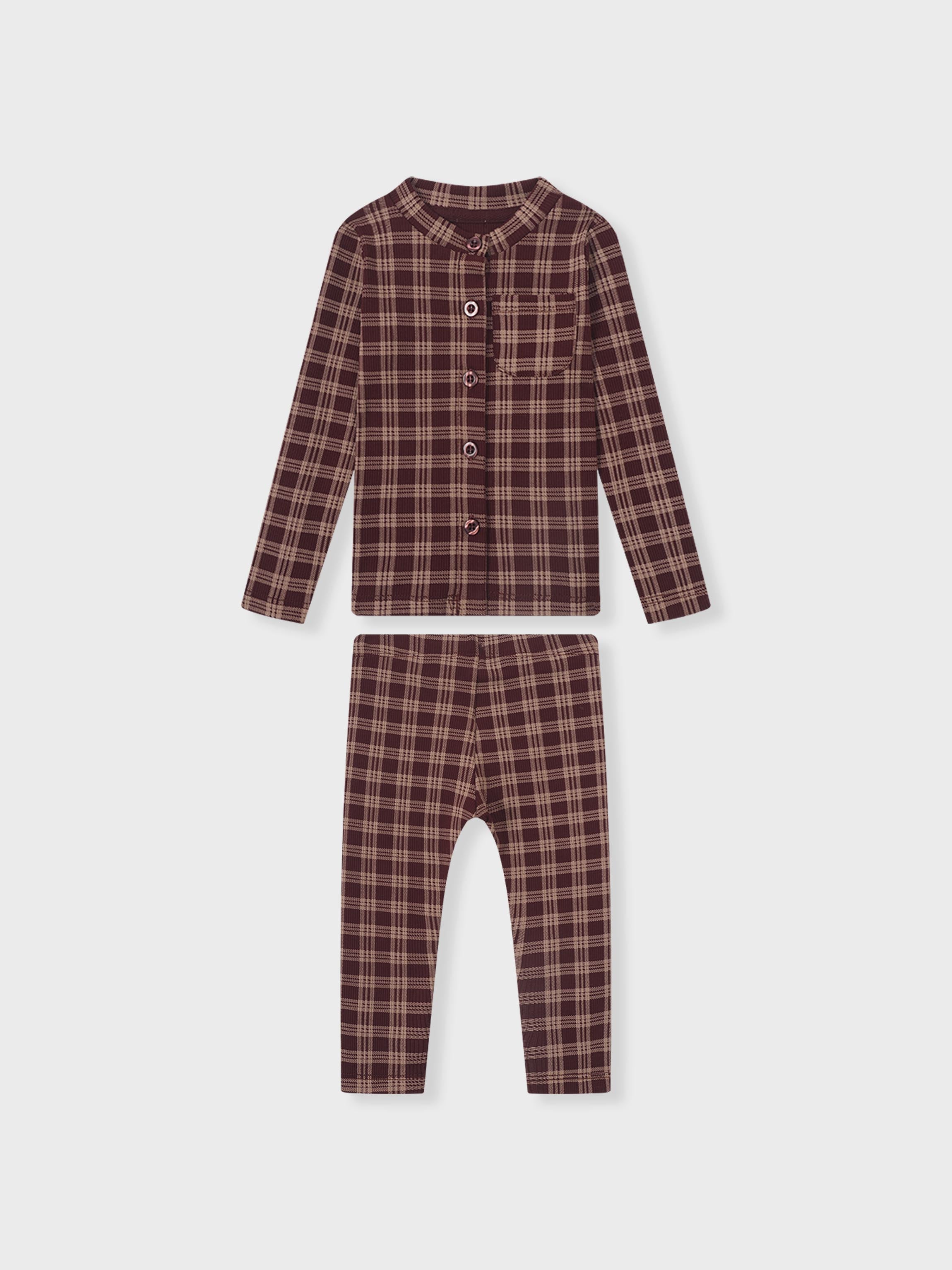 Girls two-piece plaid burgundy pajamas set by Adee with button-front top and matching pants