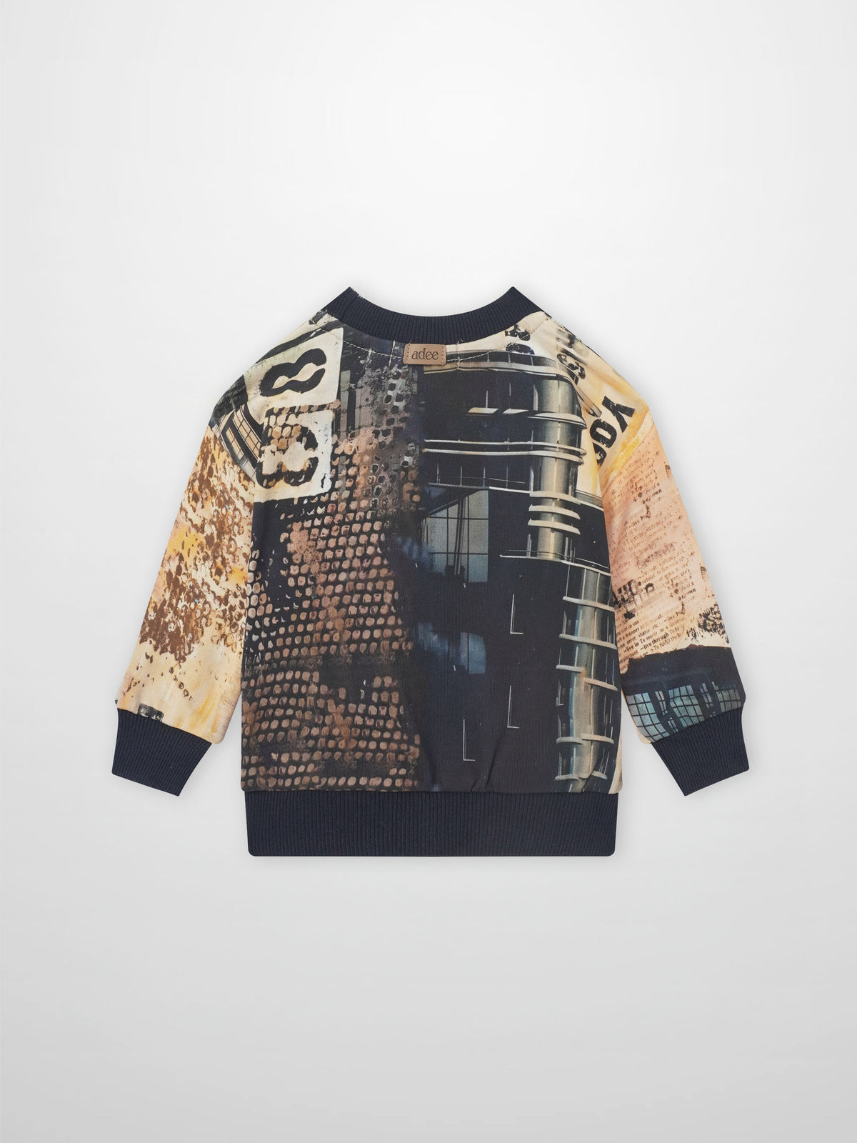 Skyscraper sweatshirt for boys by Adee with cityscape graphic and navy rib cuffs.