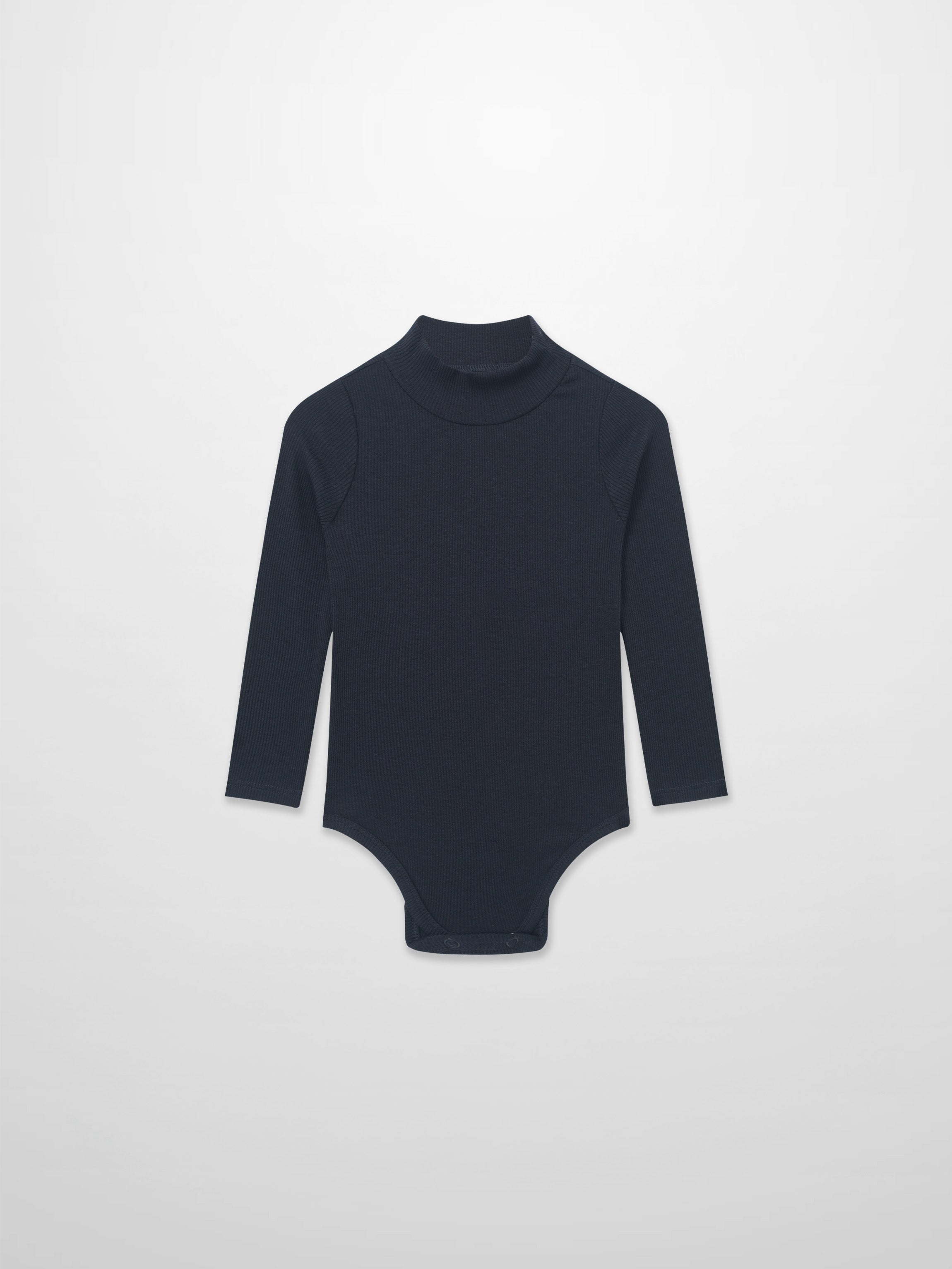 Ribbed mock-neck navy bodysuit by Adee, unisex dressy top