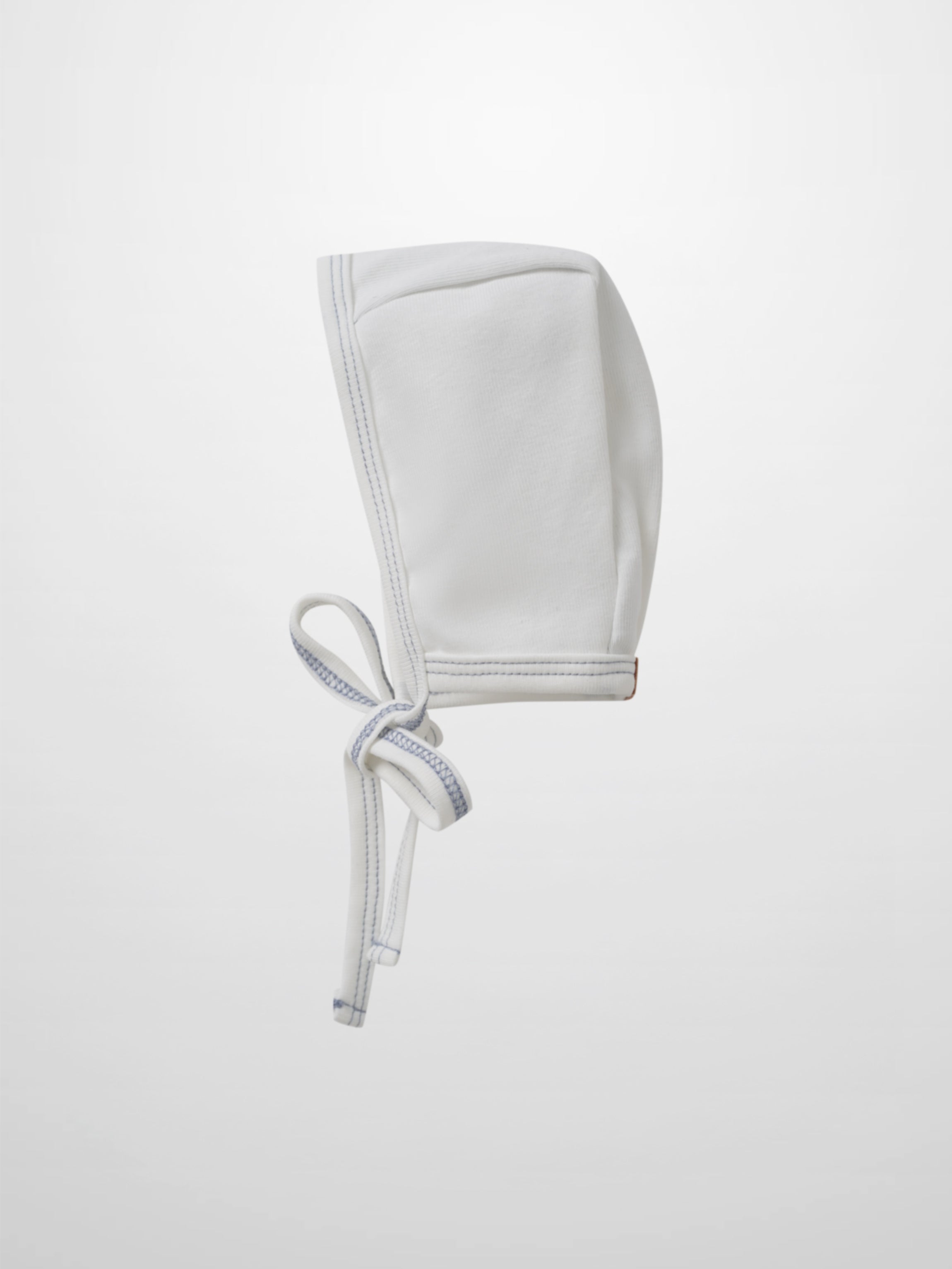 Mini Gallery Bonnet for boys, white fabric with blue stitched trim and tie strings