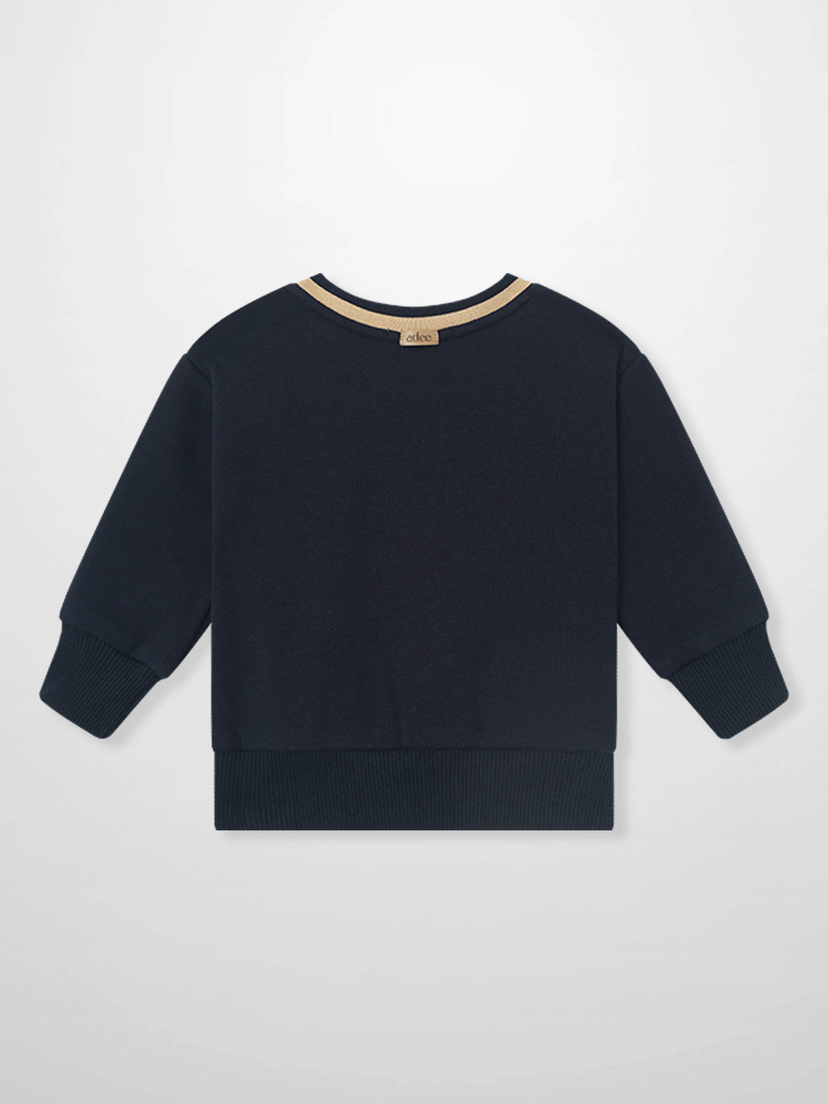 Adee Embroidered Jet Sweatshirt for boys, navy with beige ribbed collar trim and cuffs.
