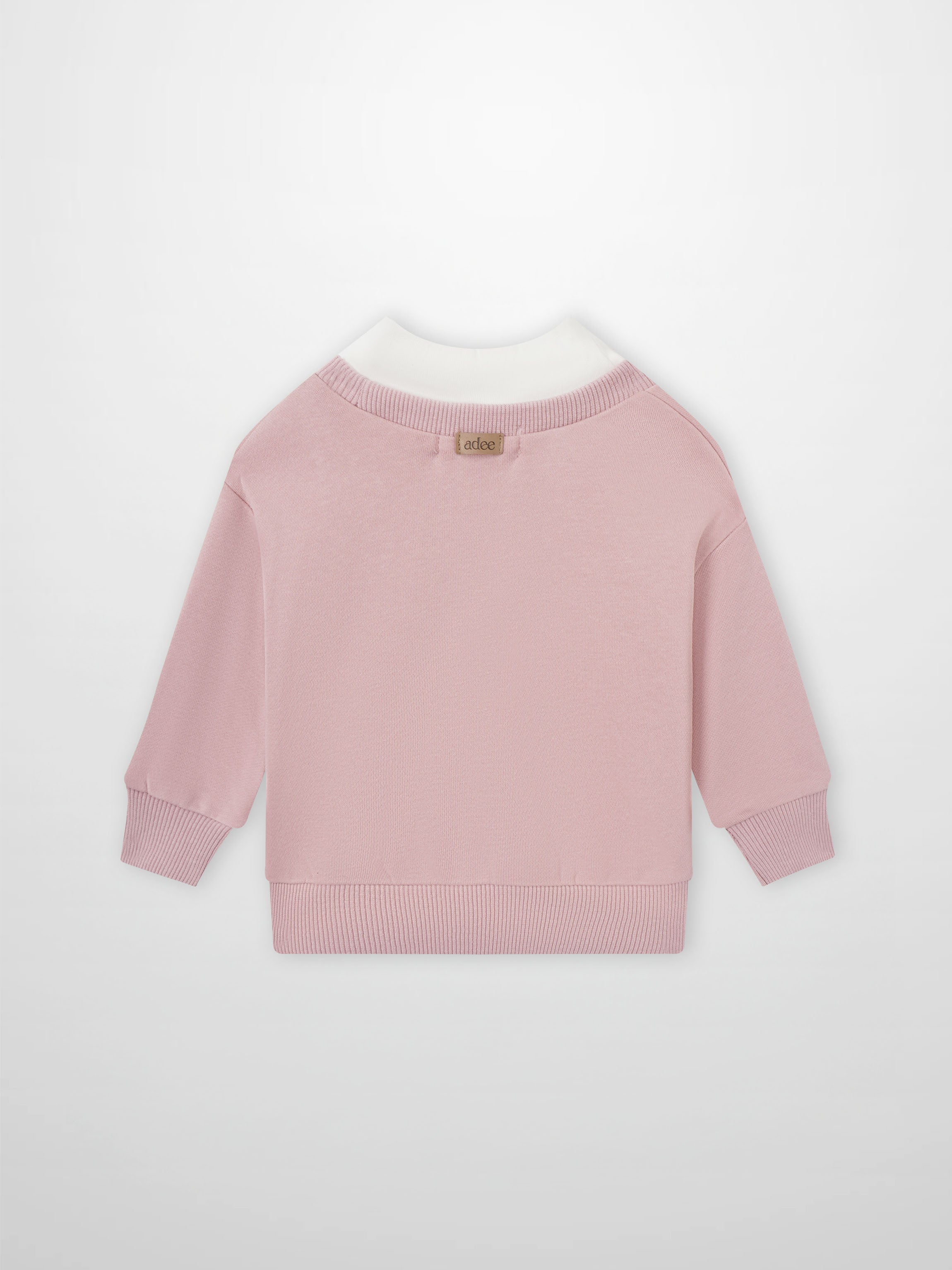 Contrast mock-neck pink sweatshirt for girls by Adee, with white collar trim and ribbed cuffs