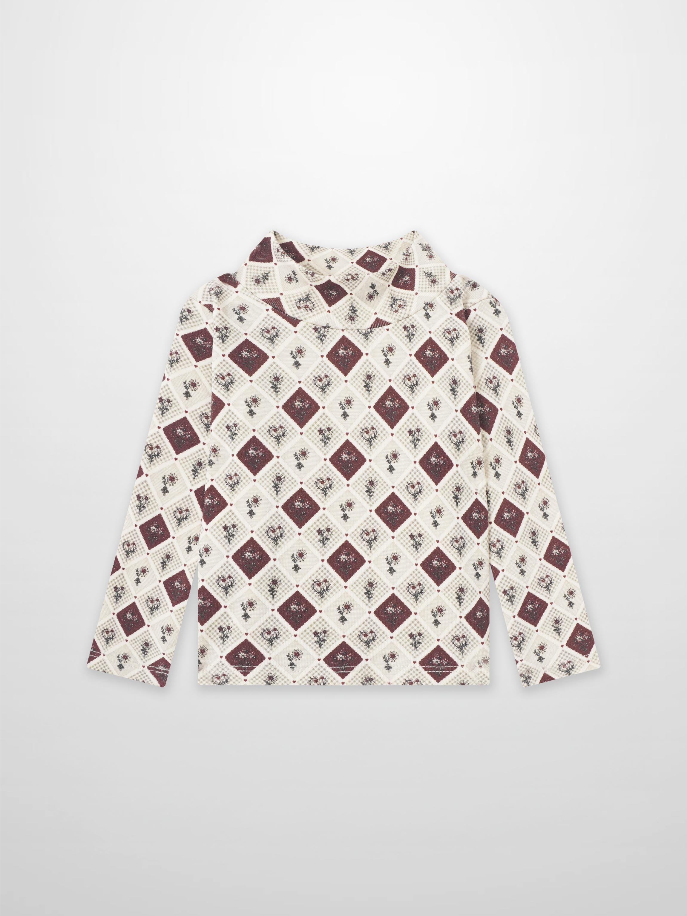 Mosaic Floral Mock Neck T-Shirt for girls, beige base with burgundy diamond floral pattern, long sleeves
