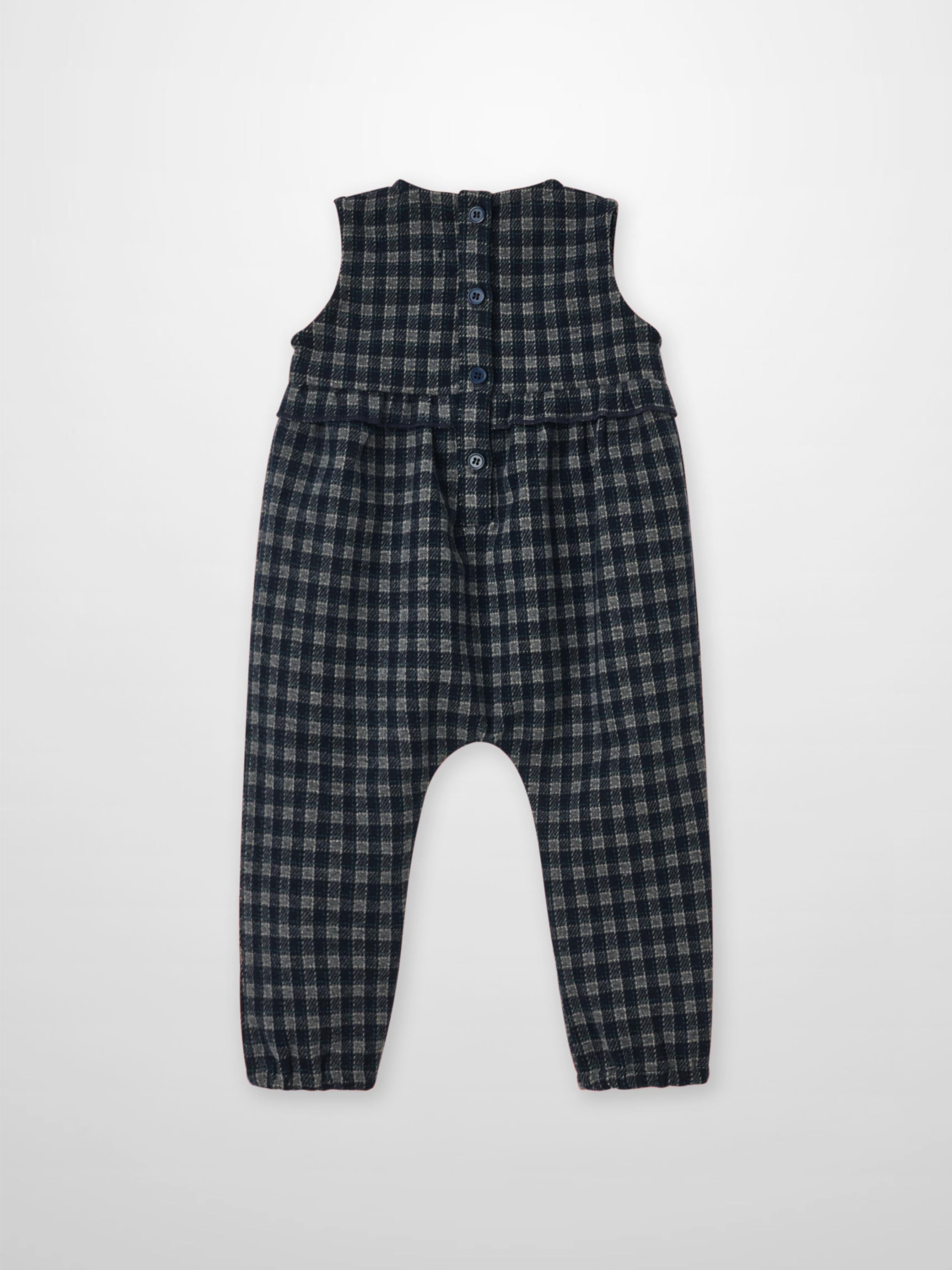 Adee Plaid Navy Boys Overalls - Dressy, sleeveless with button-front and ruffle detail
