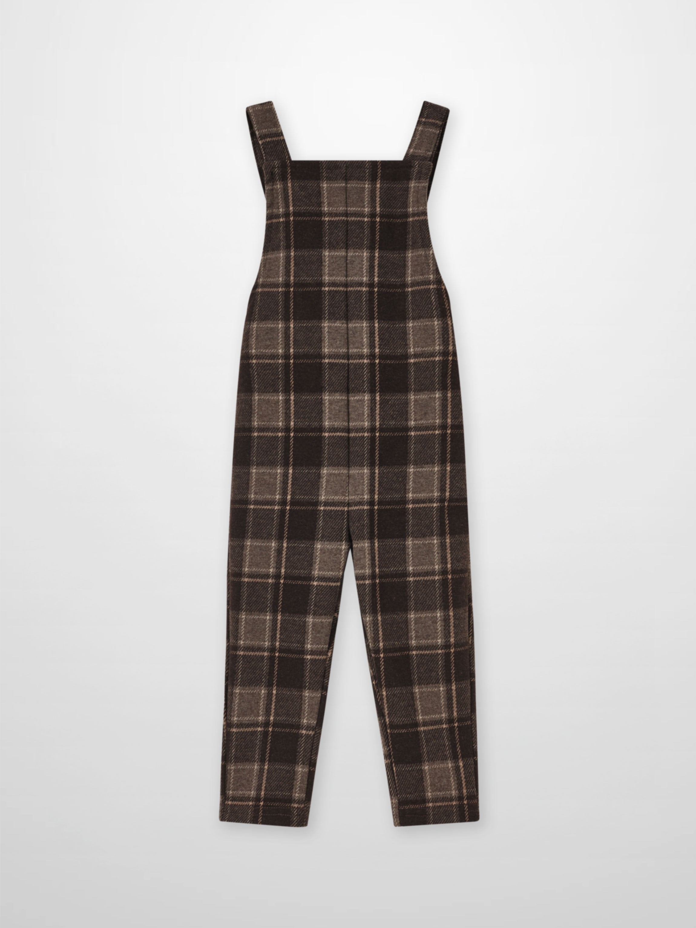 Plaid overalls for boys in brown with wide straps, dressy style.