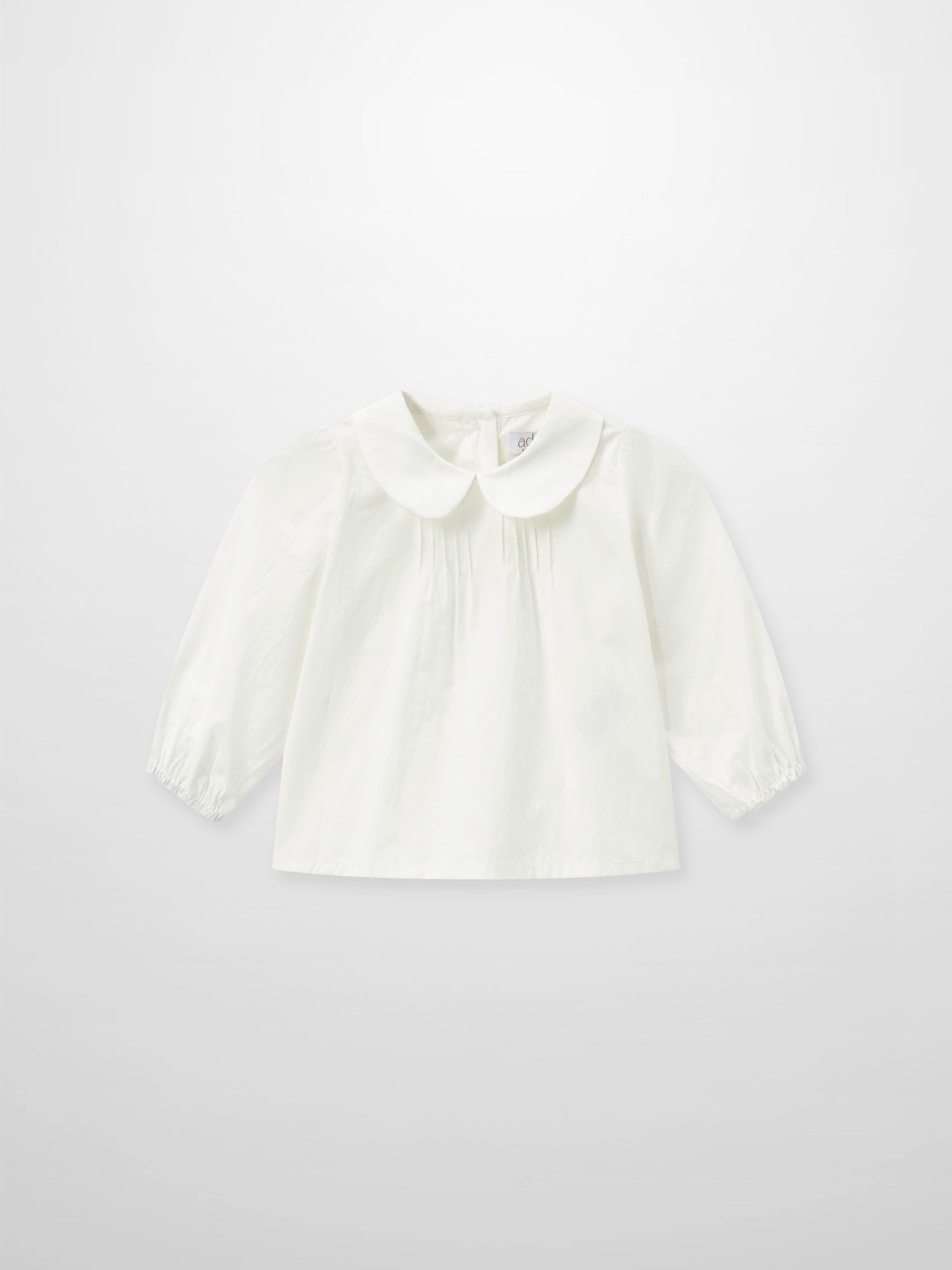 Peter Pan Collar Blouse for girls by Adee, white dressy top with pleated front and puff sleeves