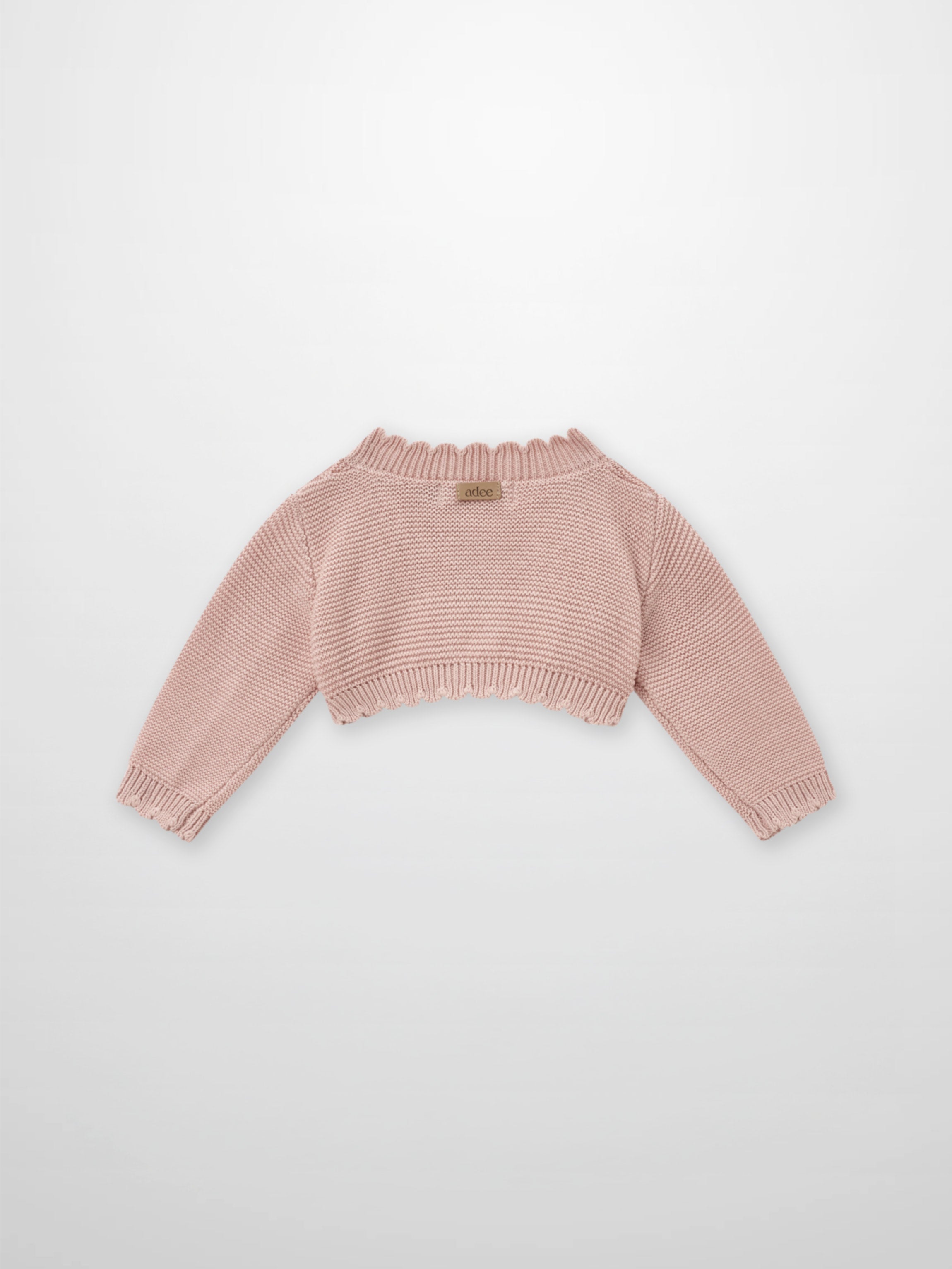 Adee cropped cardigan with scalloped trim in light pink, girls dressy top.