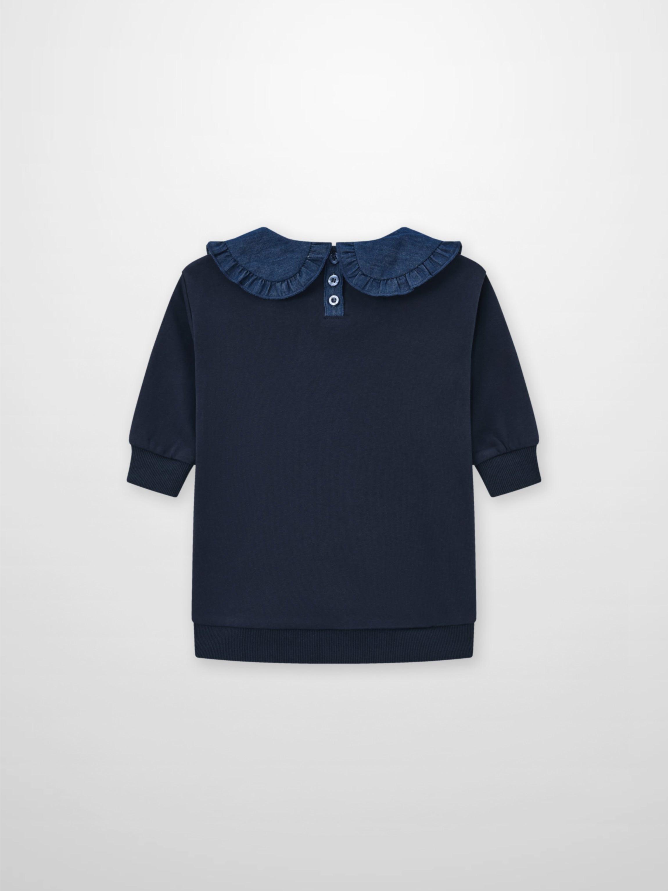 Denim Cherry Collar Dress for girls with a navy bodice and a denim ruffled collar and button placket.