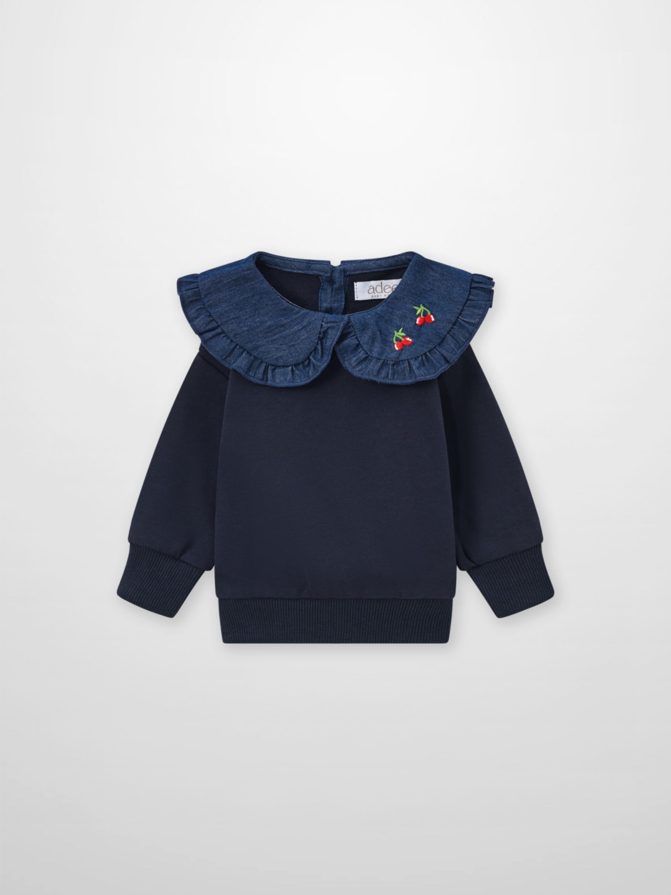 Denim Cherry Collar Sweatshirt for girls by Adee in navy with cherry embroidery