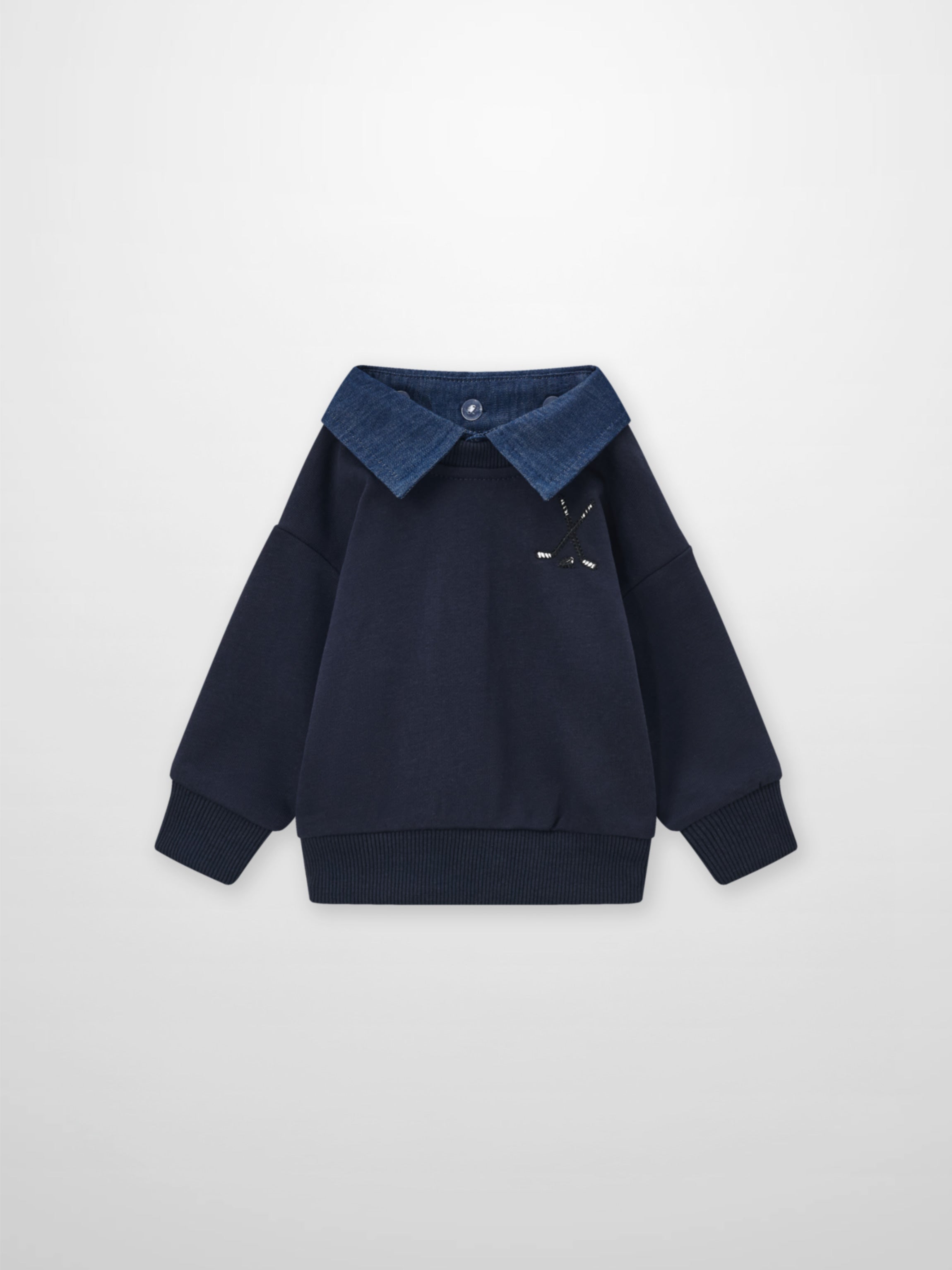 Adee Denim Collar Sweatshirt for boys; navy blue with light denim collar and chest embroidery.