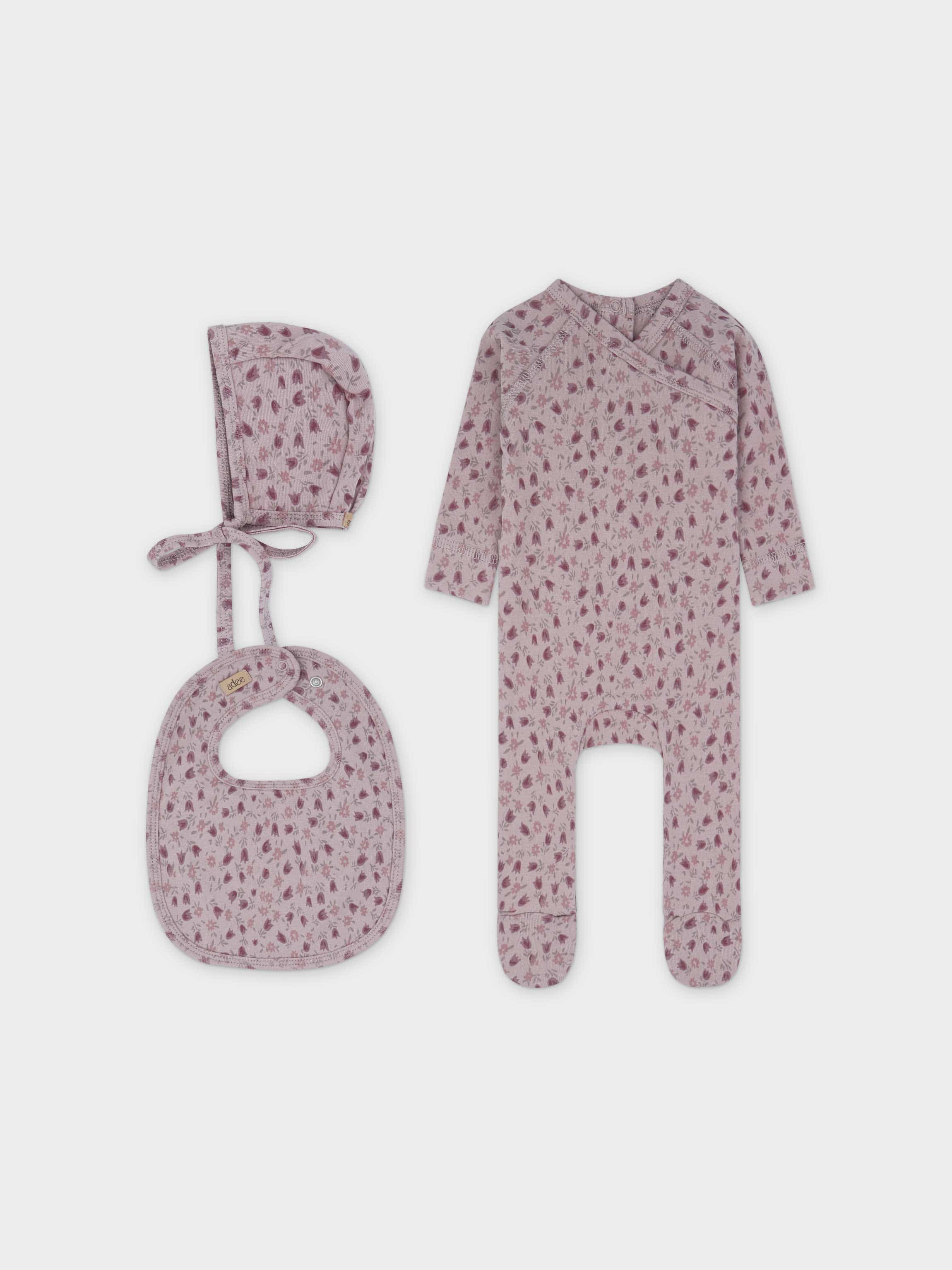 Pink tulip baby jumpsuit set for girl with bonnet and bib.