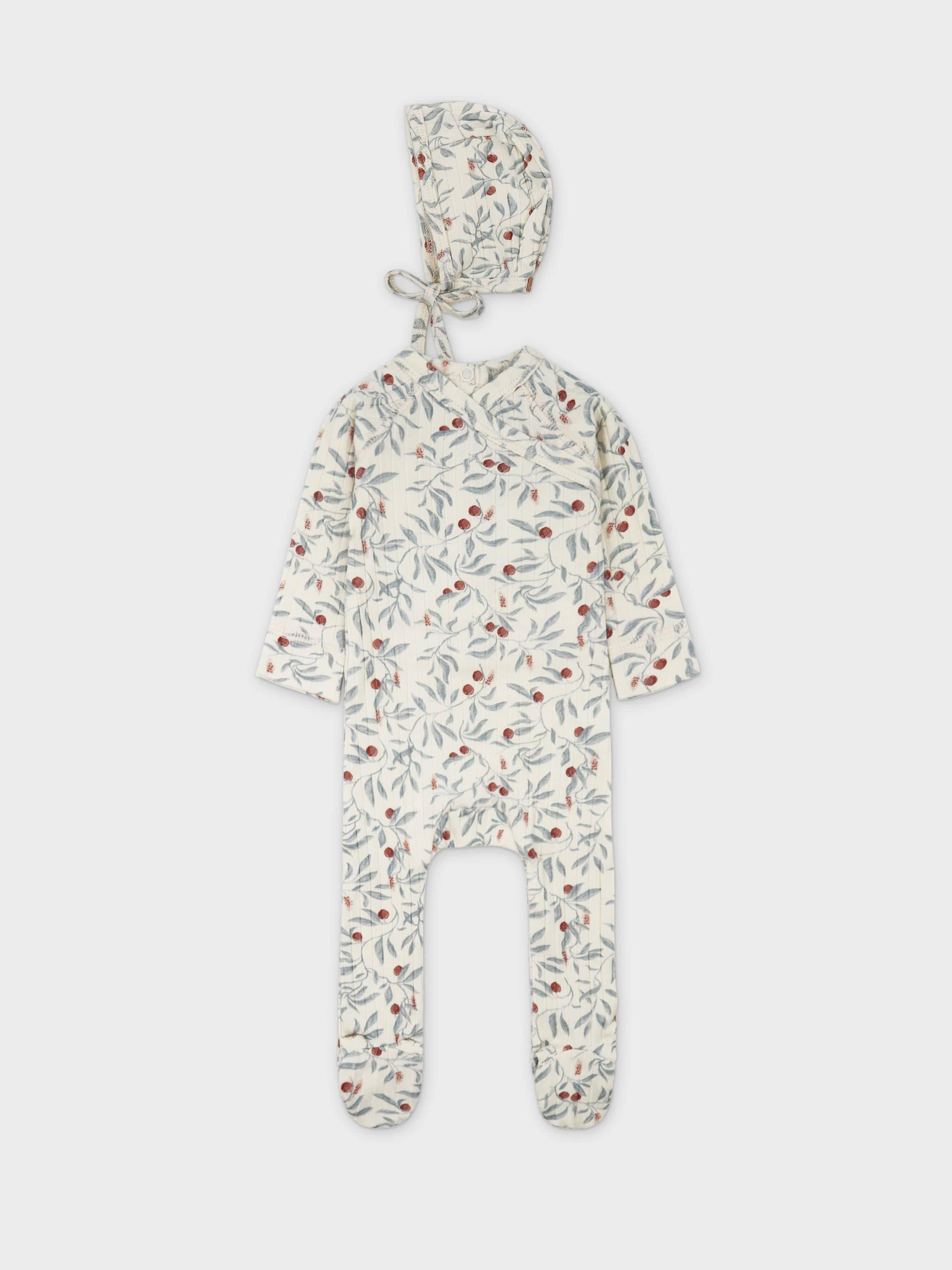 Olive Branch Stretchies jumpsuit with bonnet by Adee, cream fabric with olive-branch print