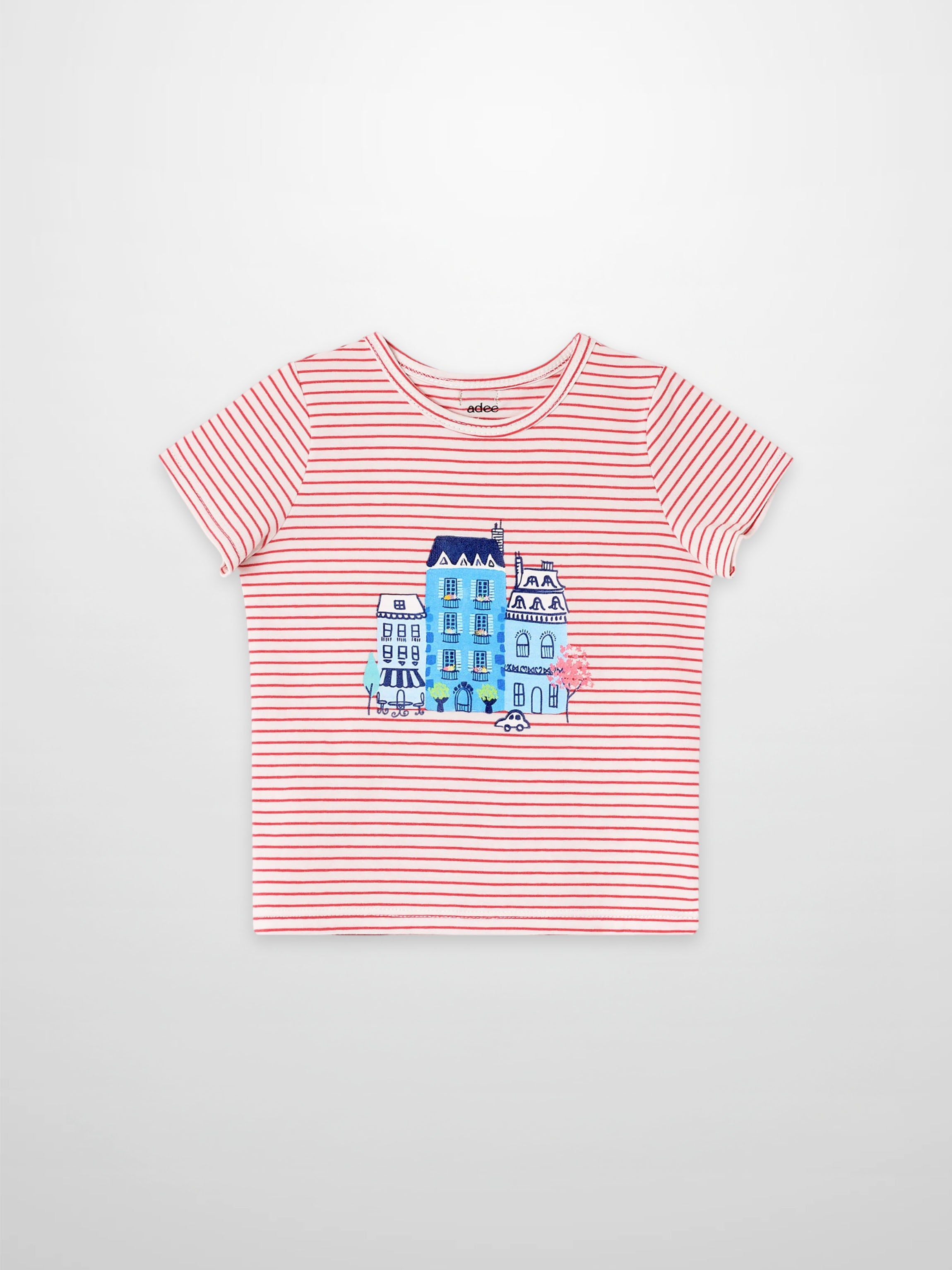 Little Paris Short Sleeve T-Shirt by Adee, red-striped girls’ top with blue cityscape graphic