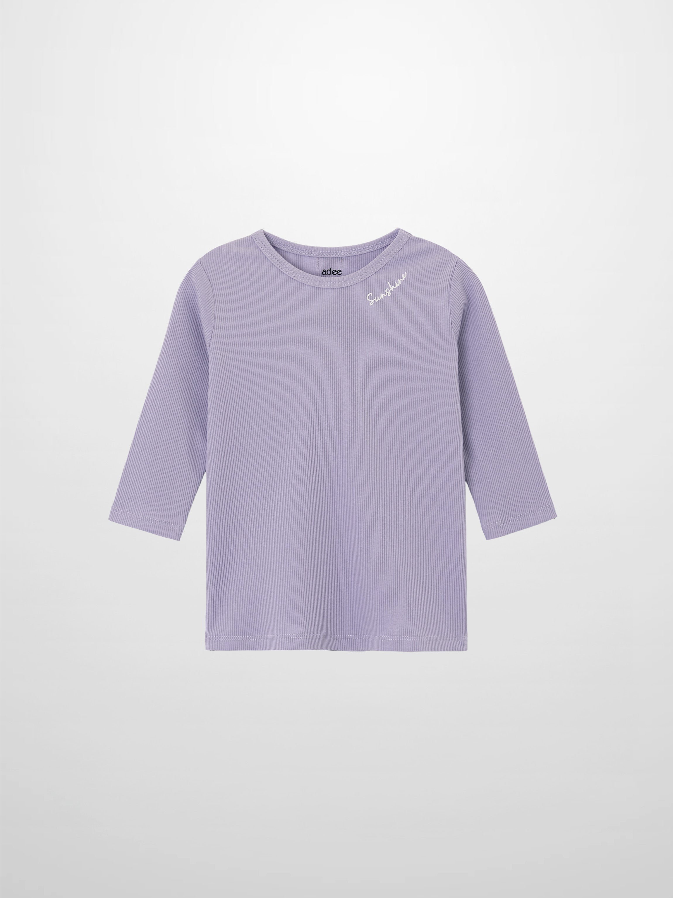 Lavender ribbed 3/4 sleeve T-shirt with a small white cursive logo on the chest.