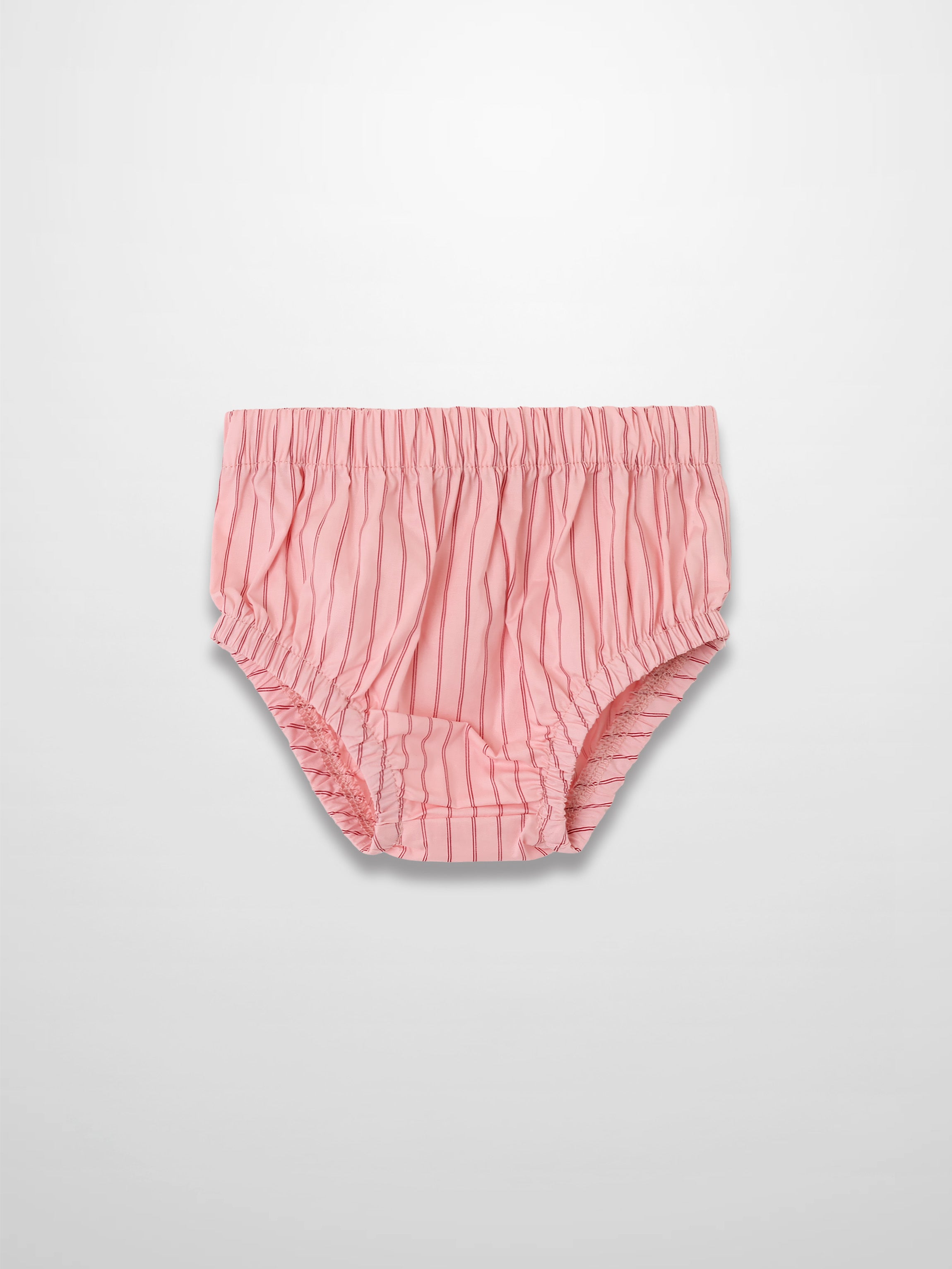 Pink striped cotton bloomers with elastic waistband and leg openings.