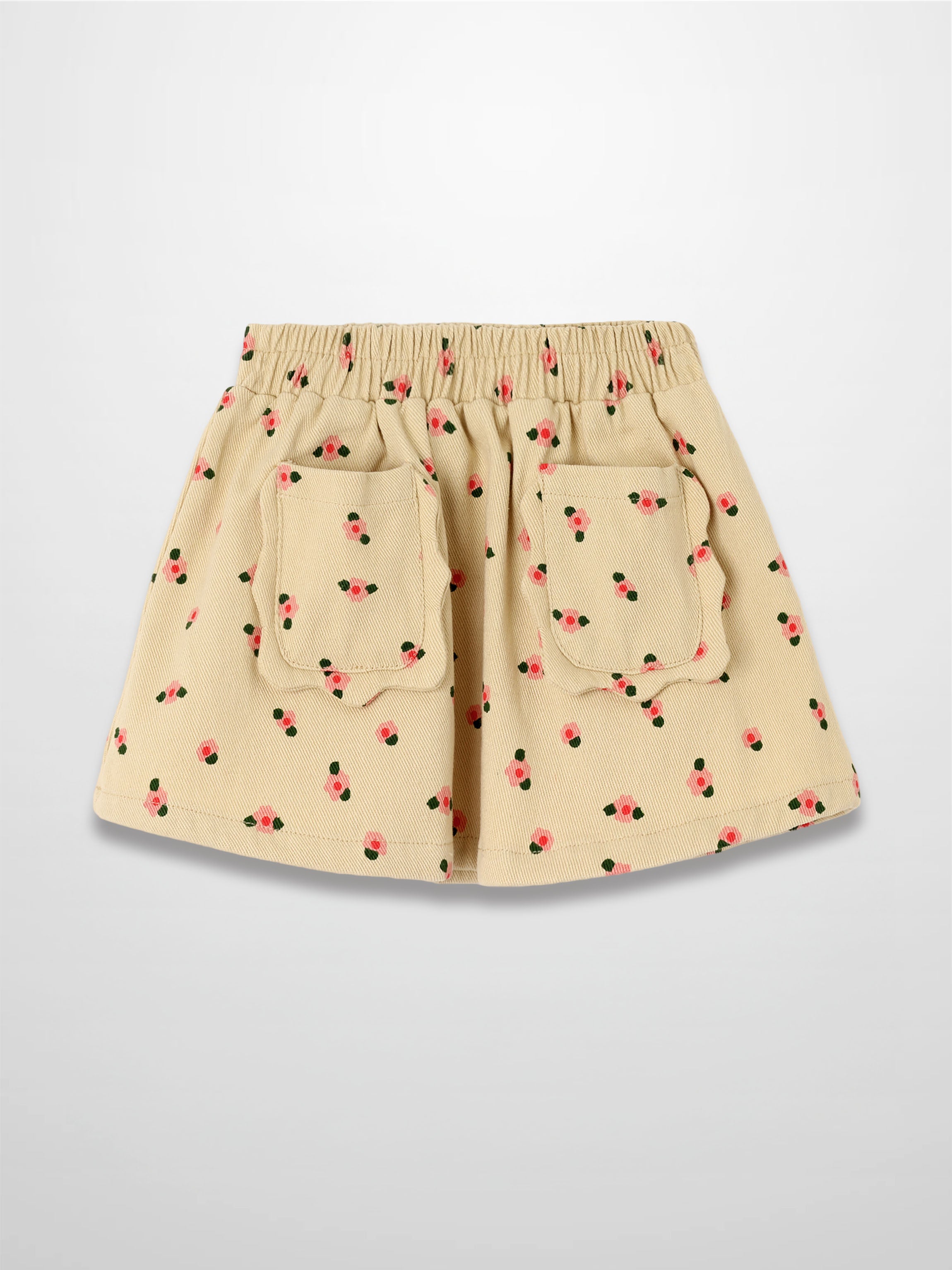 Tan floral skirt with pink blossoms and green leaves, elastic waist and two back pockets.