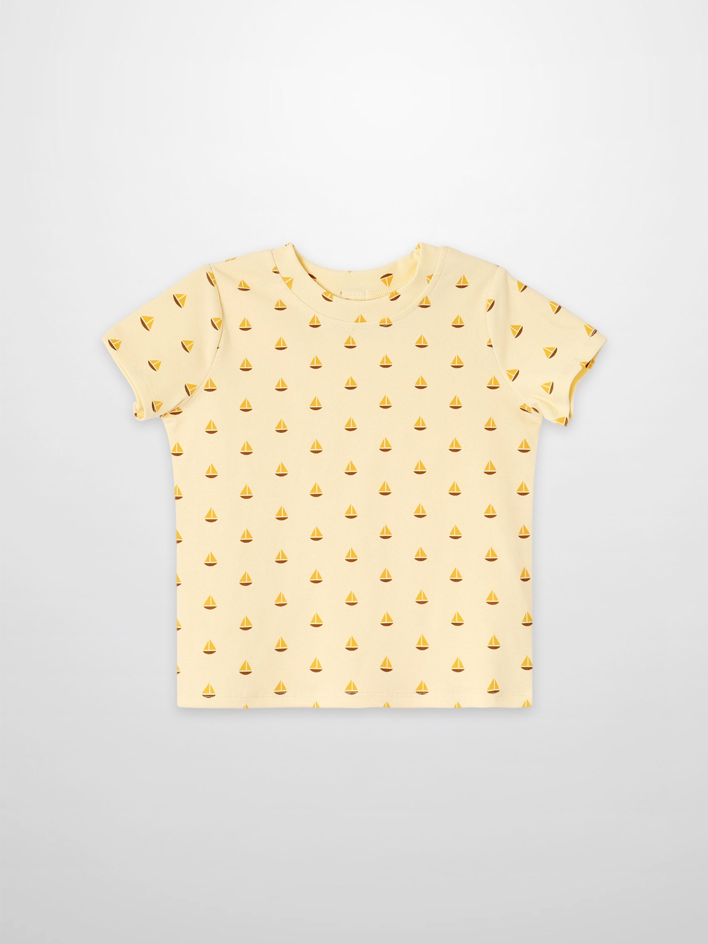 Boat Print T-Shirt for boys by Adee, pale yellow with small orange boat icons.