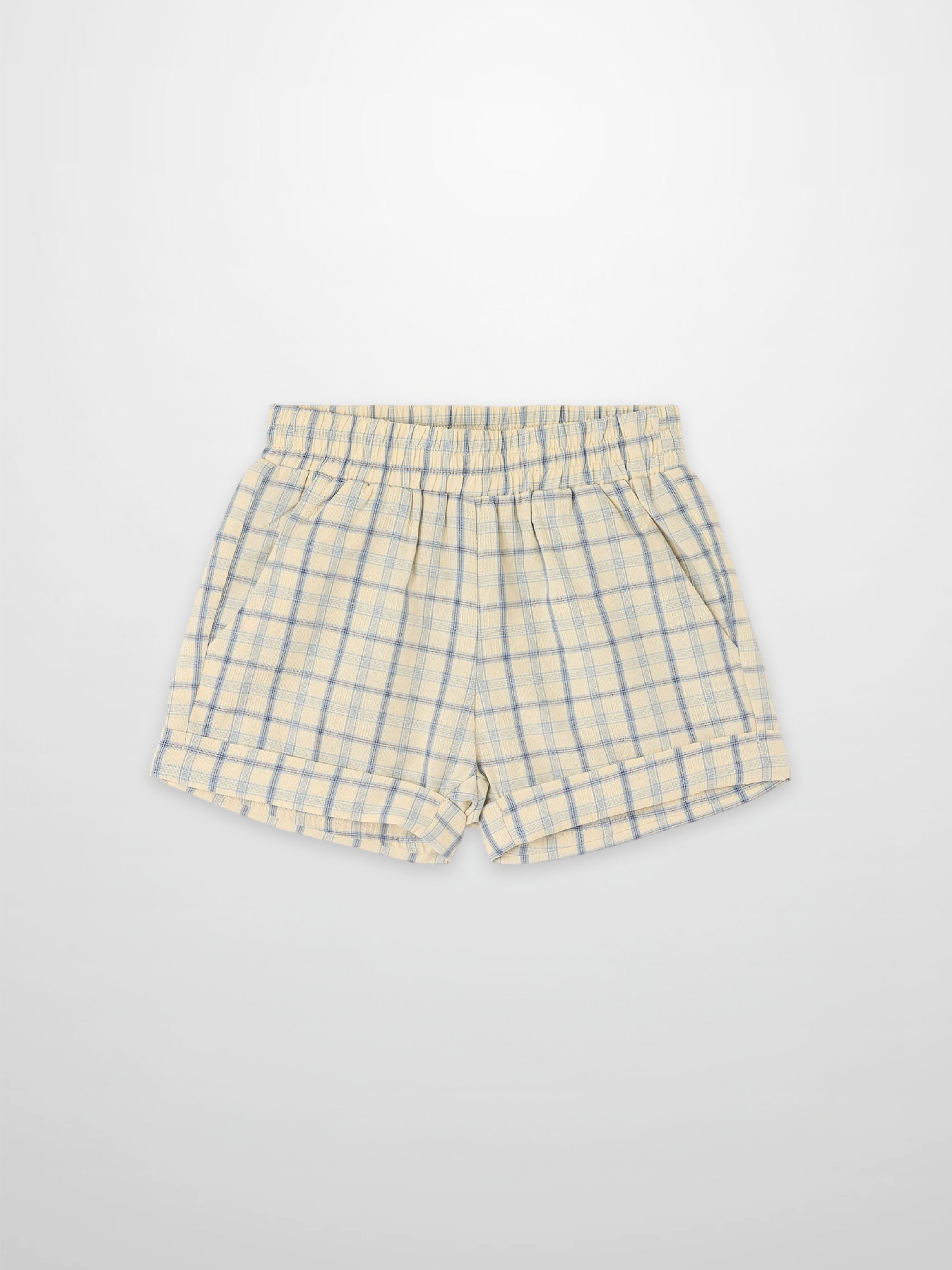 Plaid Shorts in pale yellow with blue checks, elastic waistband and side pockets.