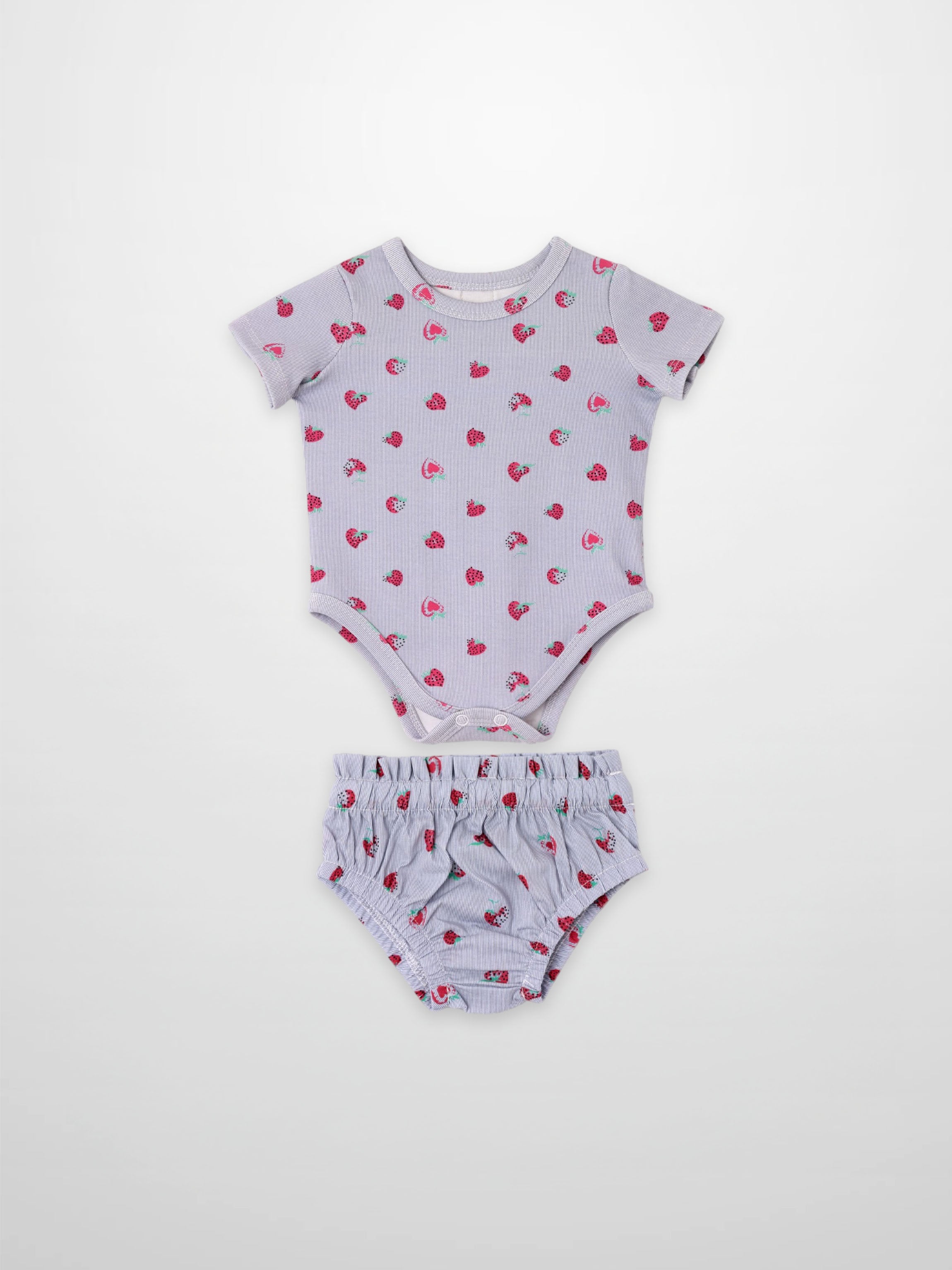 Adee Strawberry Bloomers Set for little girls, lavender ribbed bodysuit with strawberry print and matching bloomers.