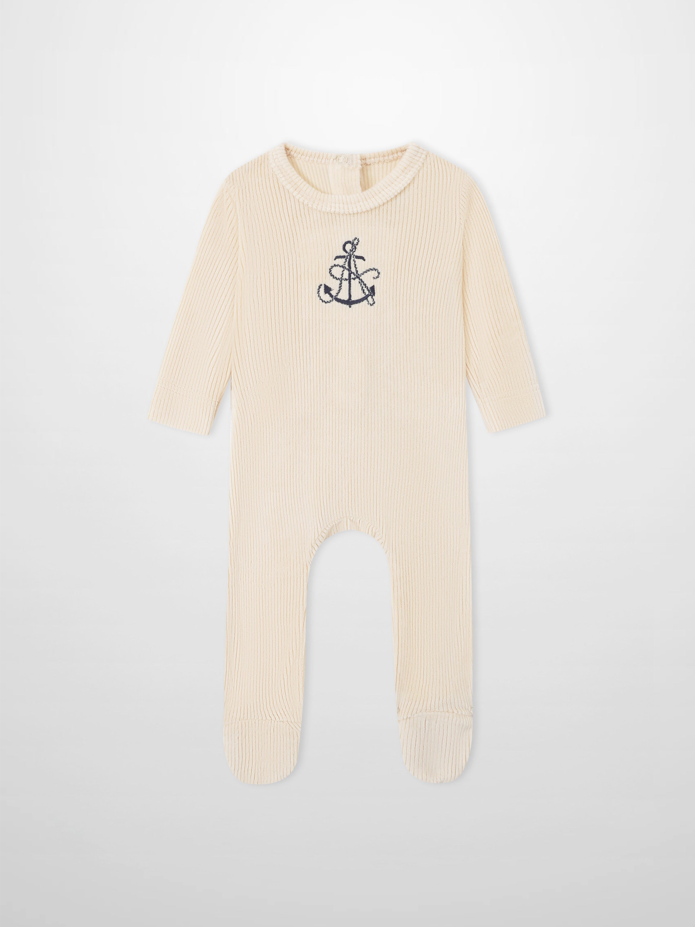 Embroidered Anchor Stretchy baby romper, beige ribbed knit by Adee