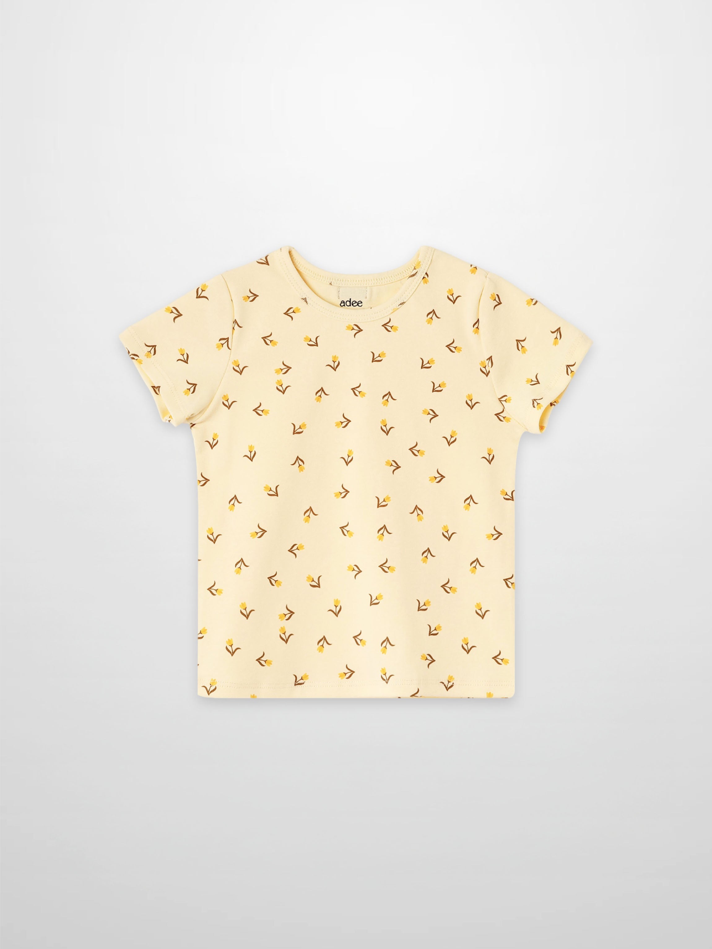 Butter Yellow Tulip T-Shirt for girls by Adee, short sleeves with small tulip print.