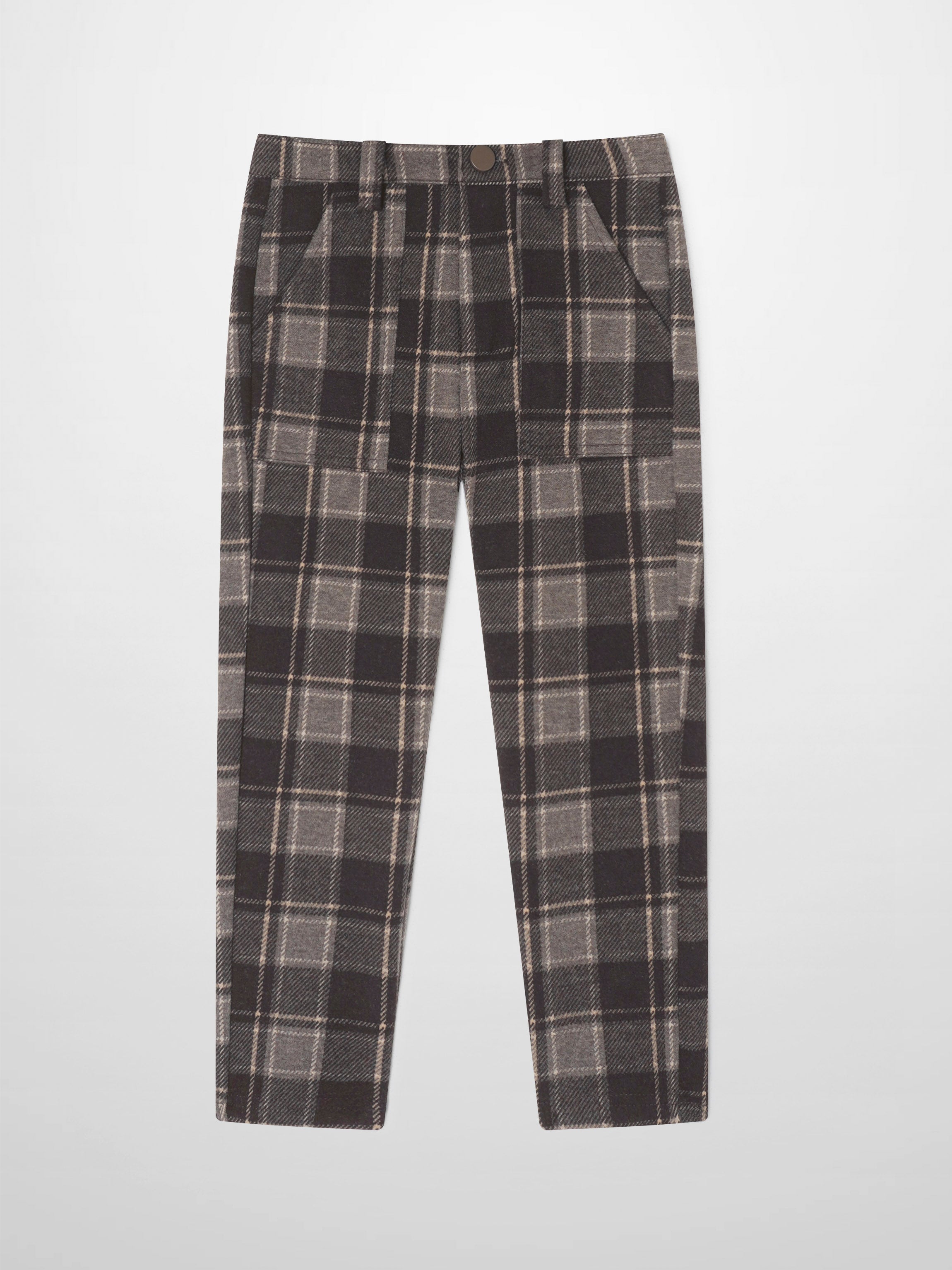 Adee boys plaid dress pants in brown and gray plaid with front pockets.