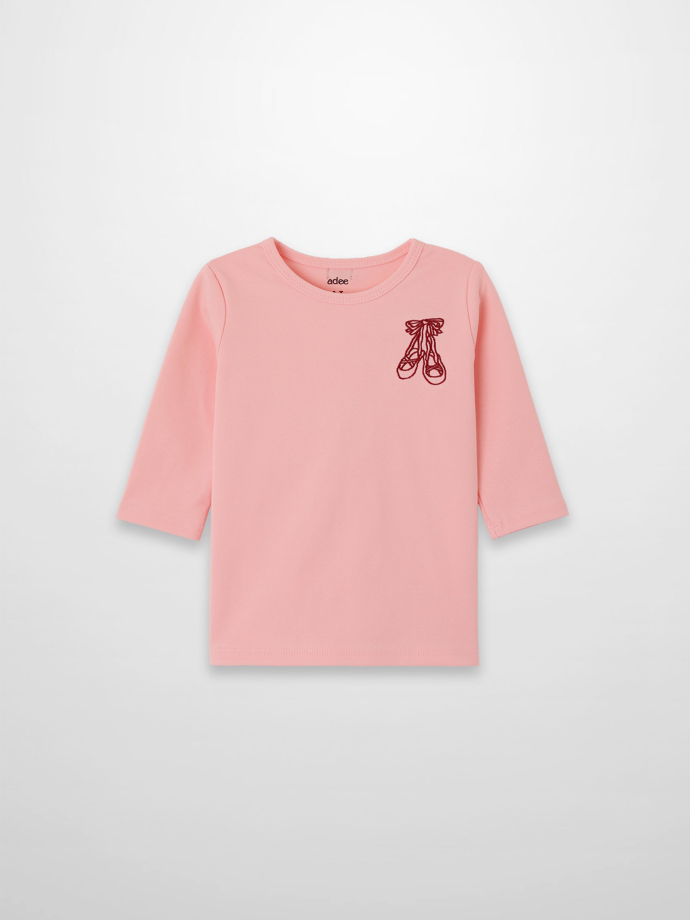 Light pink 3/4 sleeve T-shirt with burgundy ballet shoes embroidery on the chest.