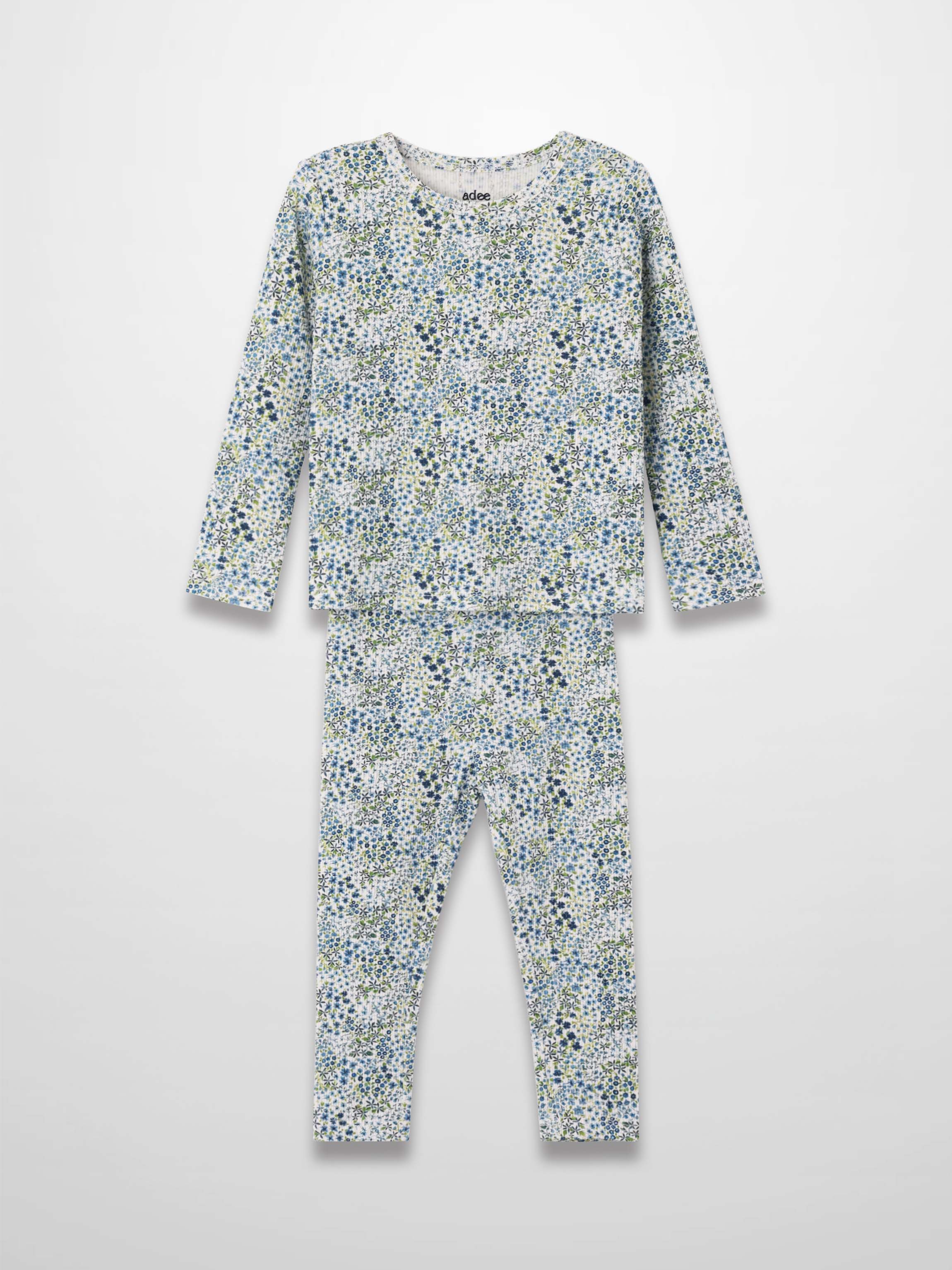 Blue floral pajamas set with long-sleeve top and full-length pants in a small blue-green floral print.