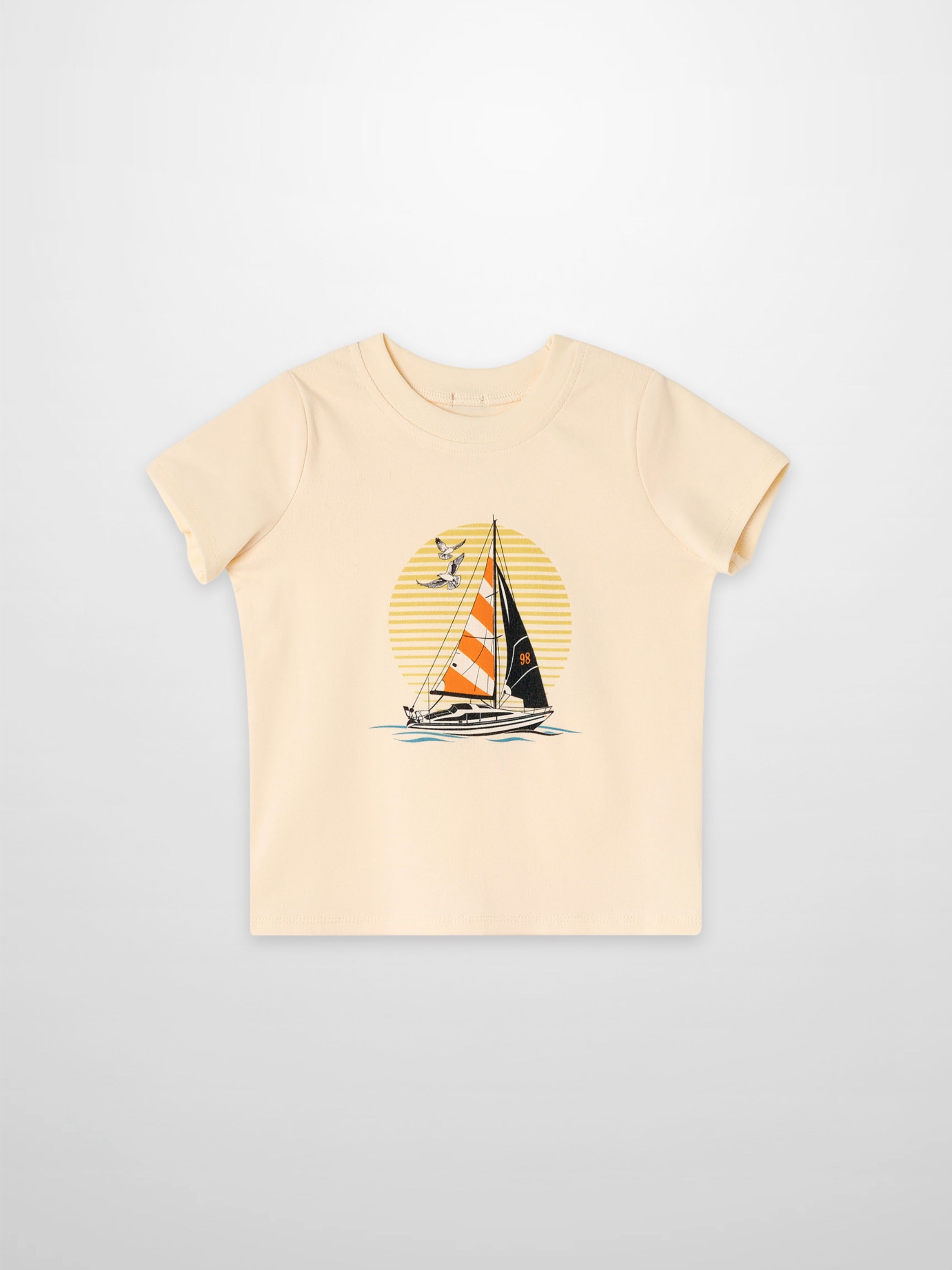 Golden Sail T‑Shirt for boys by Adee, beige short-sleeve top with sailboat graphic