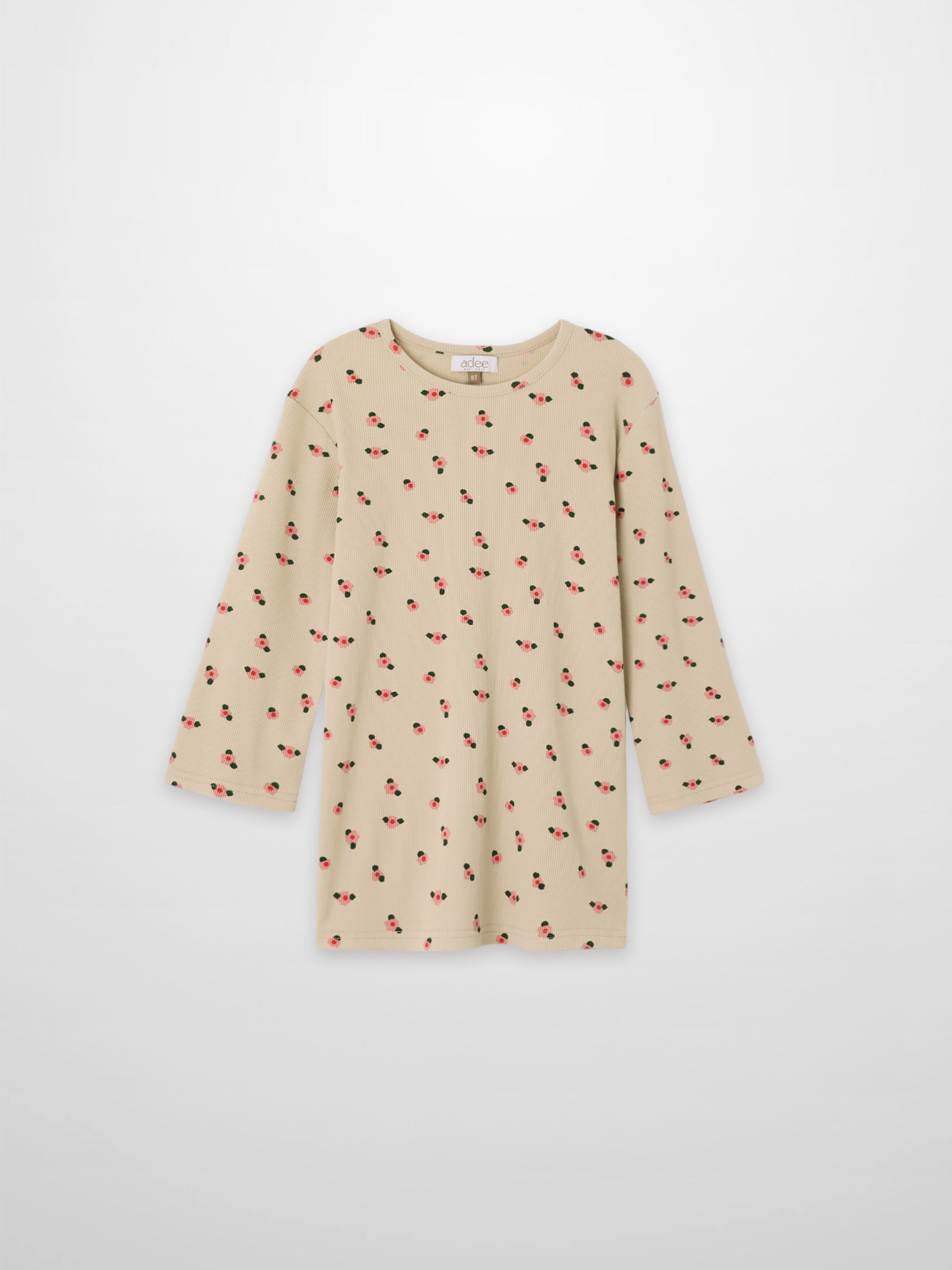 Tan floral T-shirt for girls by Adee with 3/4 sleeves and pink blossoms