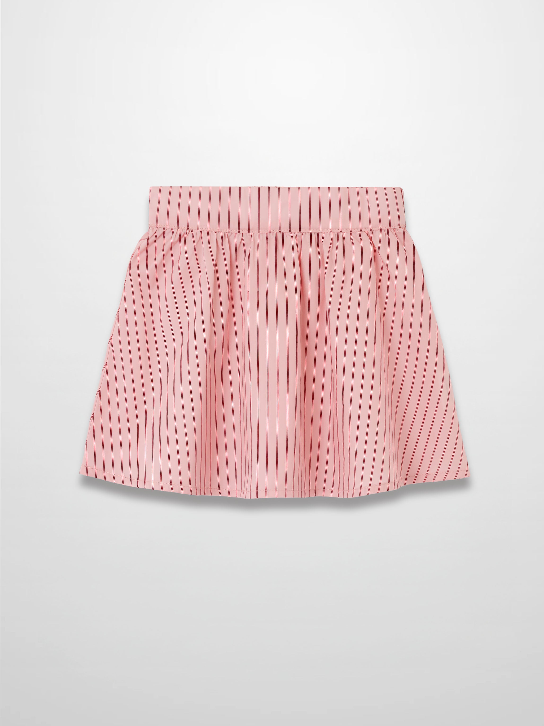 Striped pink cotton skirt with a gathered waist and vertical stripes.