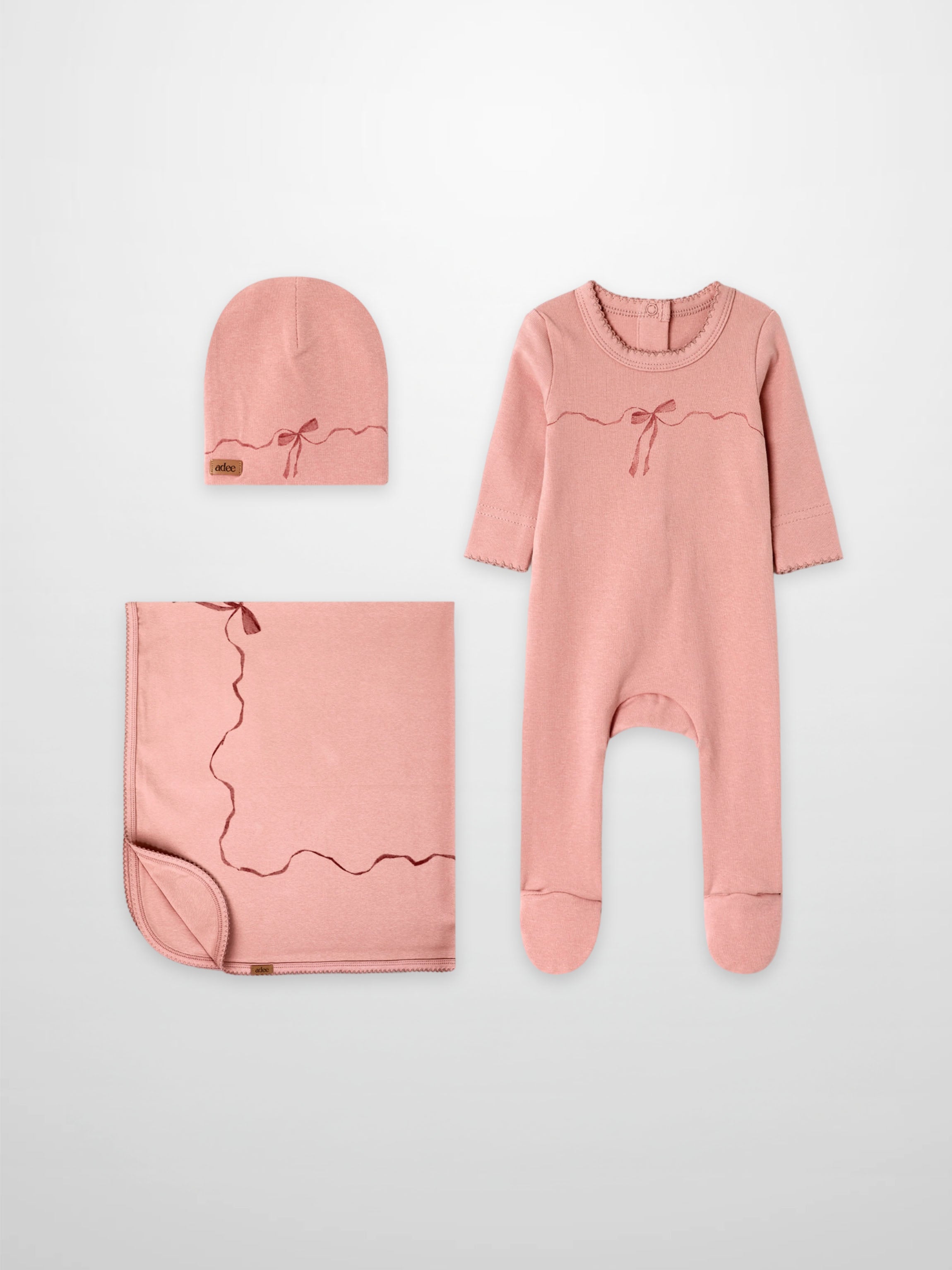 Pink Bow Stretchy with Lace three-piece girls set by Adee - includes footed sleepsuit, hat, and blanket