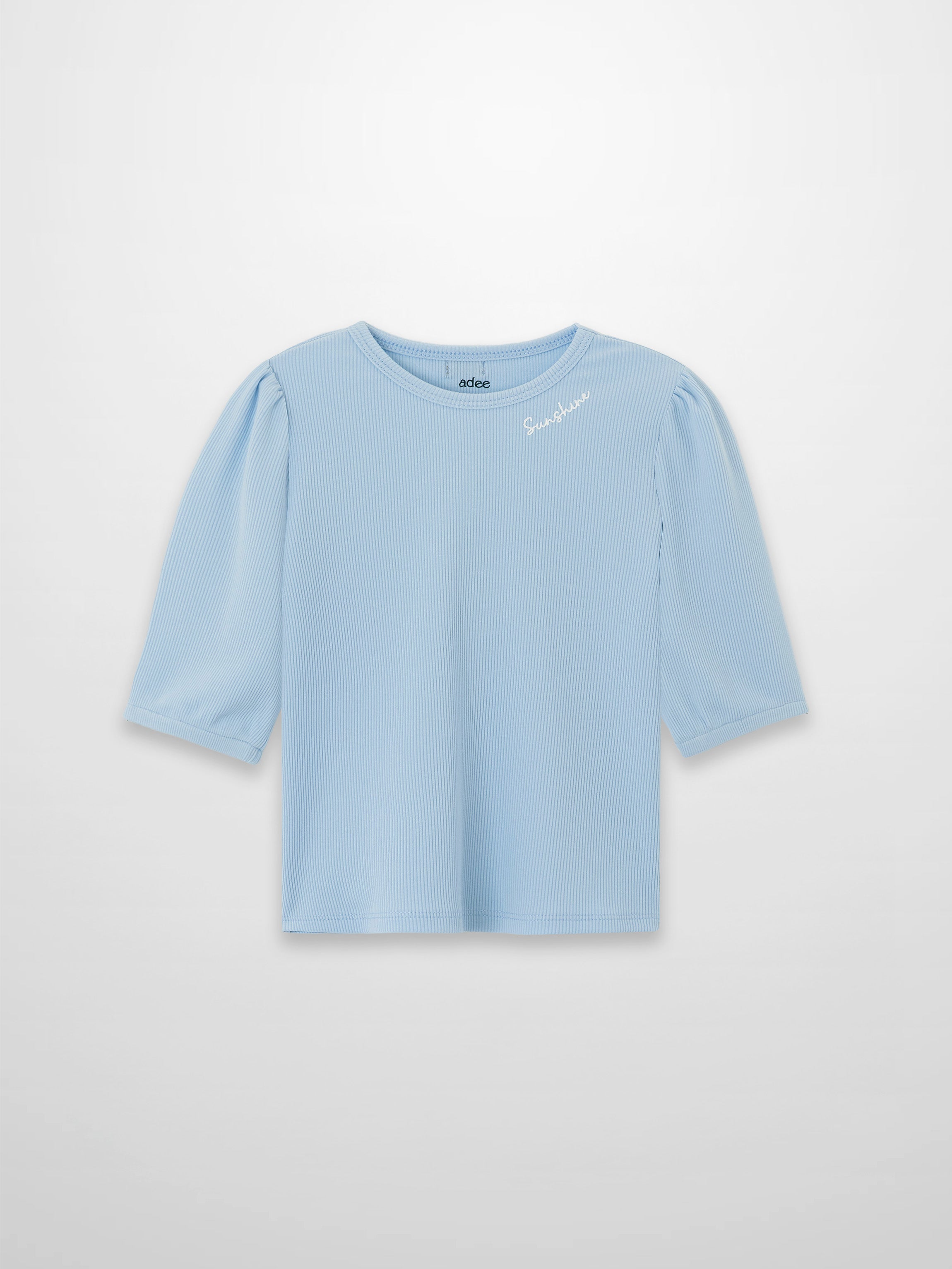 Light blue ribbed 3/4 puff sleeve T-shirt with round neckline and Sunshine embroidery on the chest.