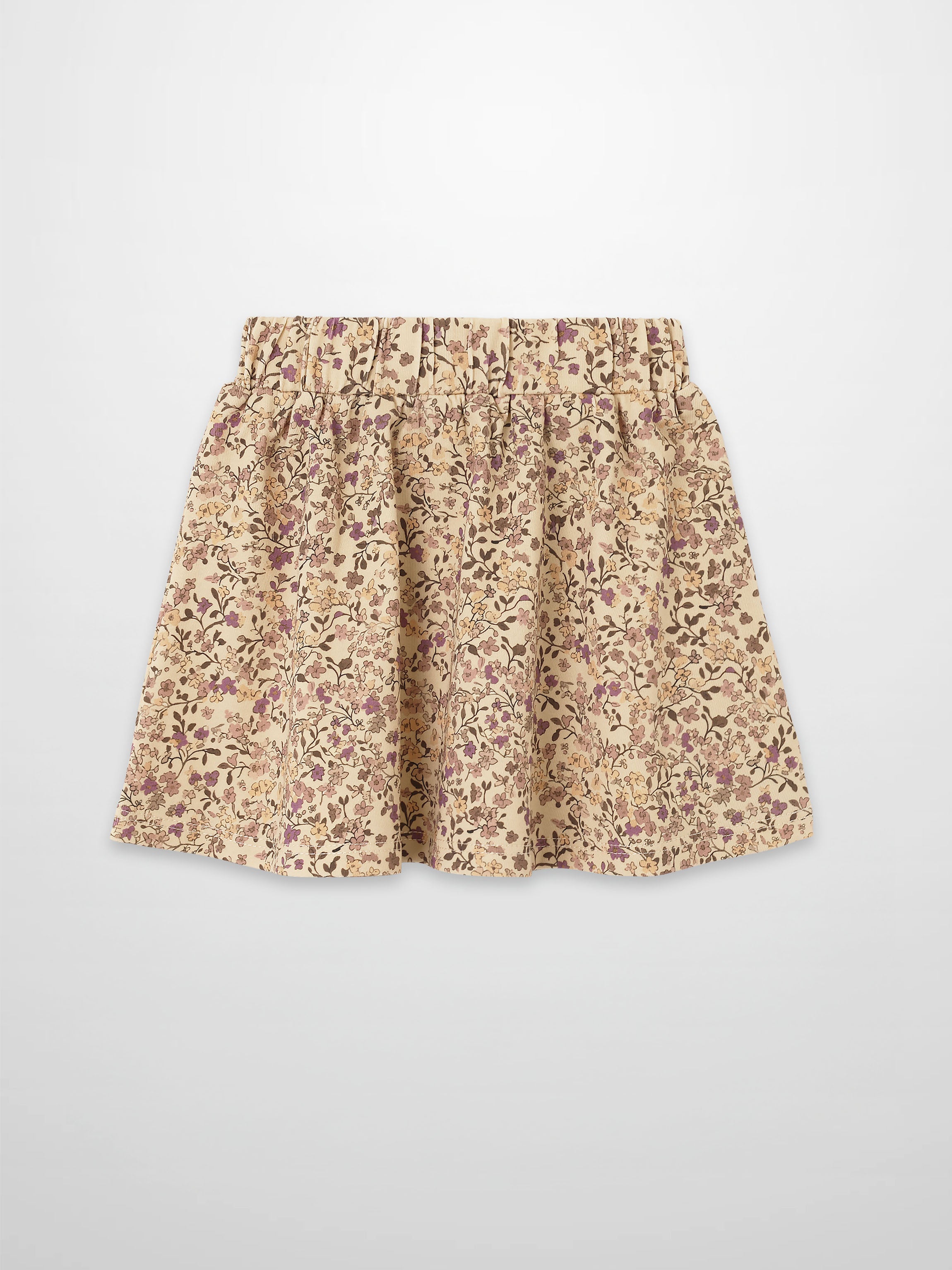 Beige floral skirt with purple blossoms and an elastic waistband.