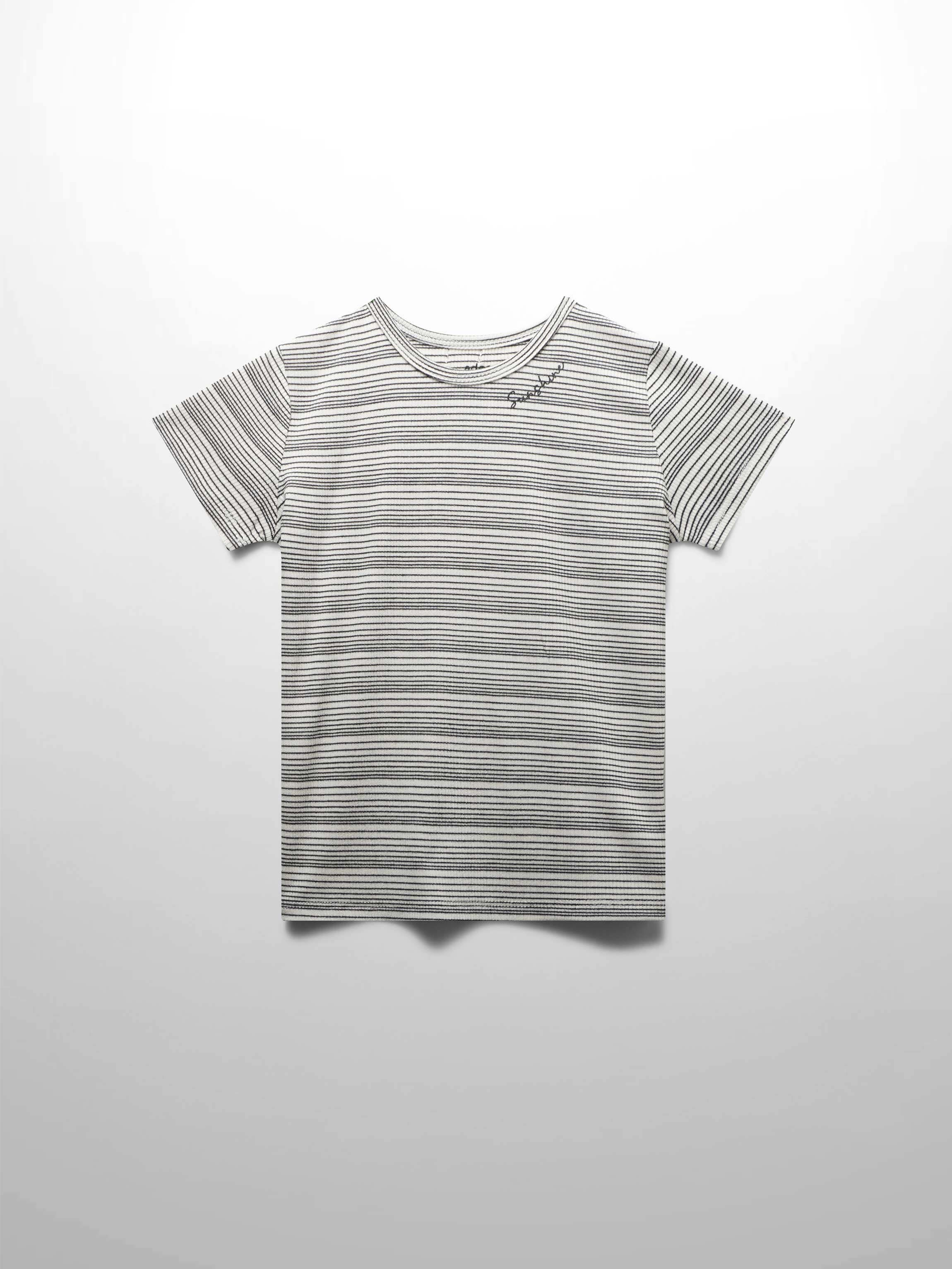 Black striped boxy T-shirt for kids; short sleeve design with textured stripes for comfort and style.