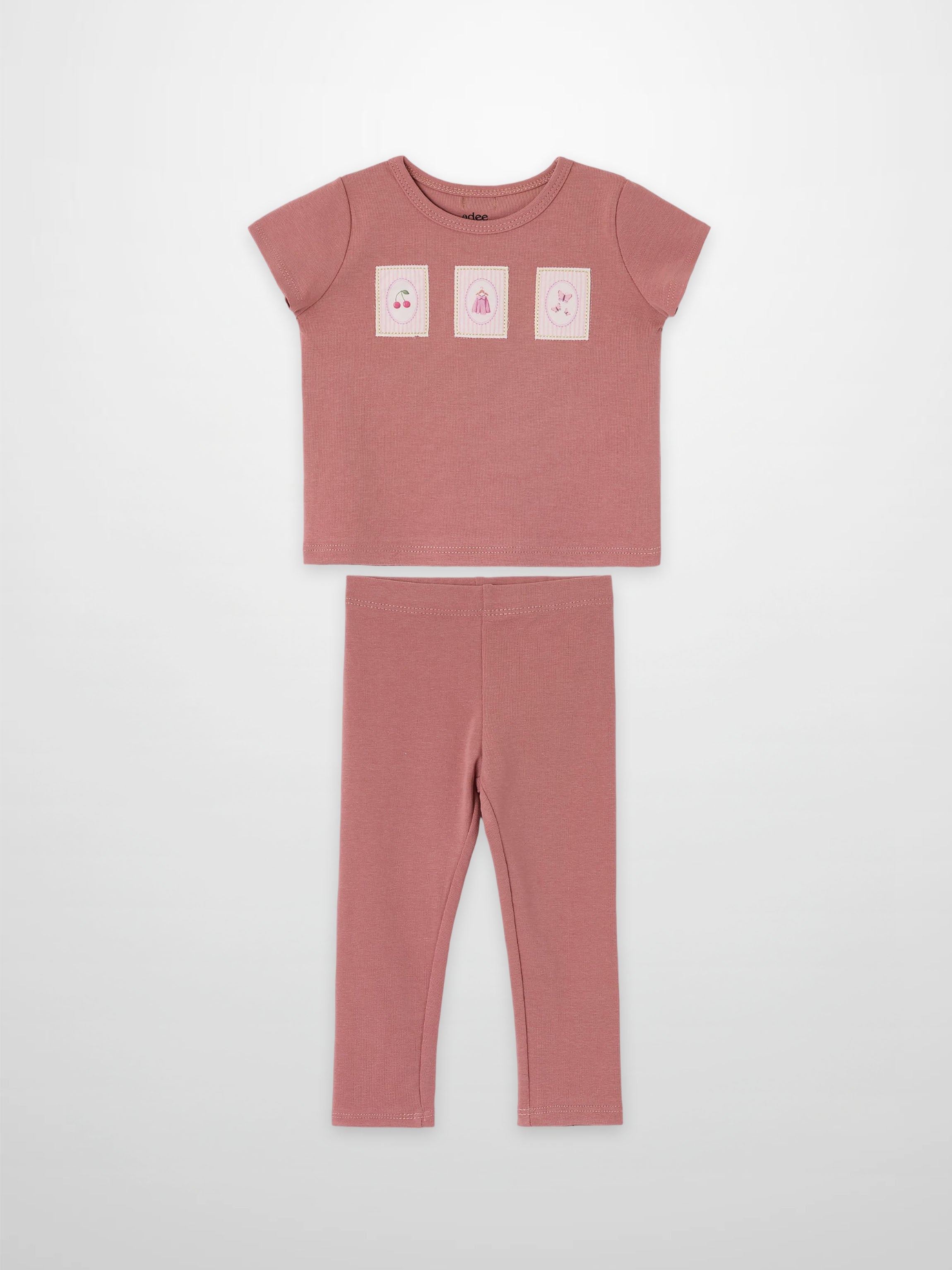 Adee Cherry Frame Set; 2-piece pink top with three framed icon patches and matching leggings