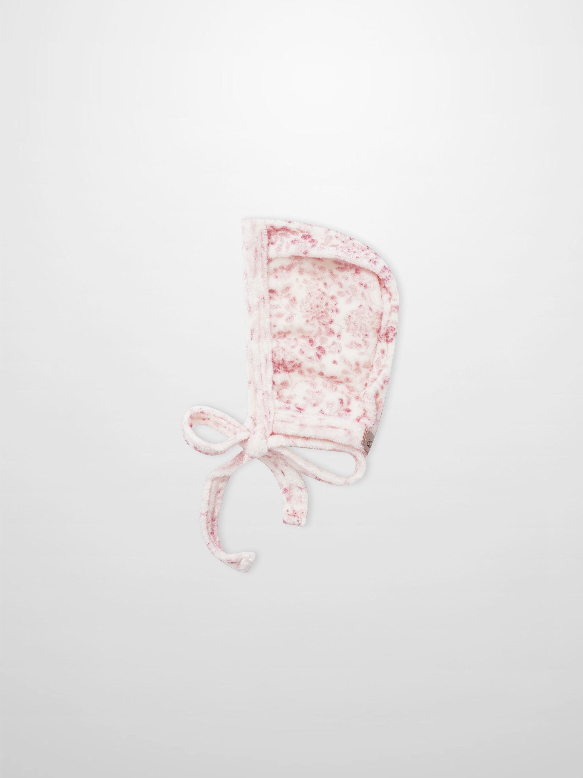 Two-tone floral bonnet for girls by Adee; pink and white fleece with ties