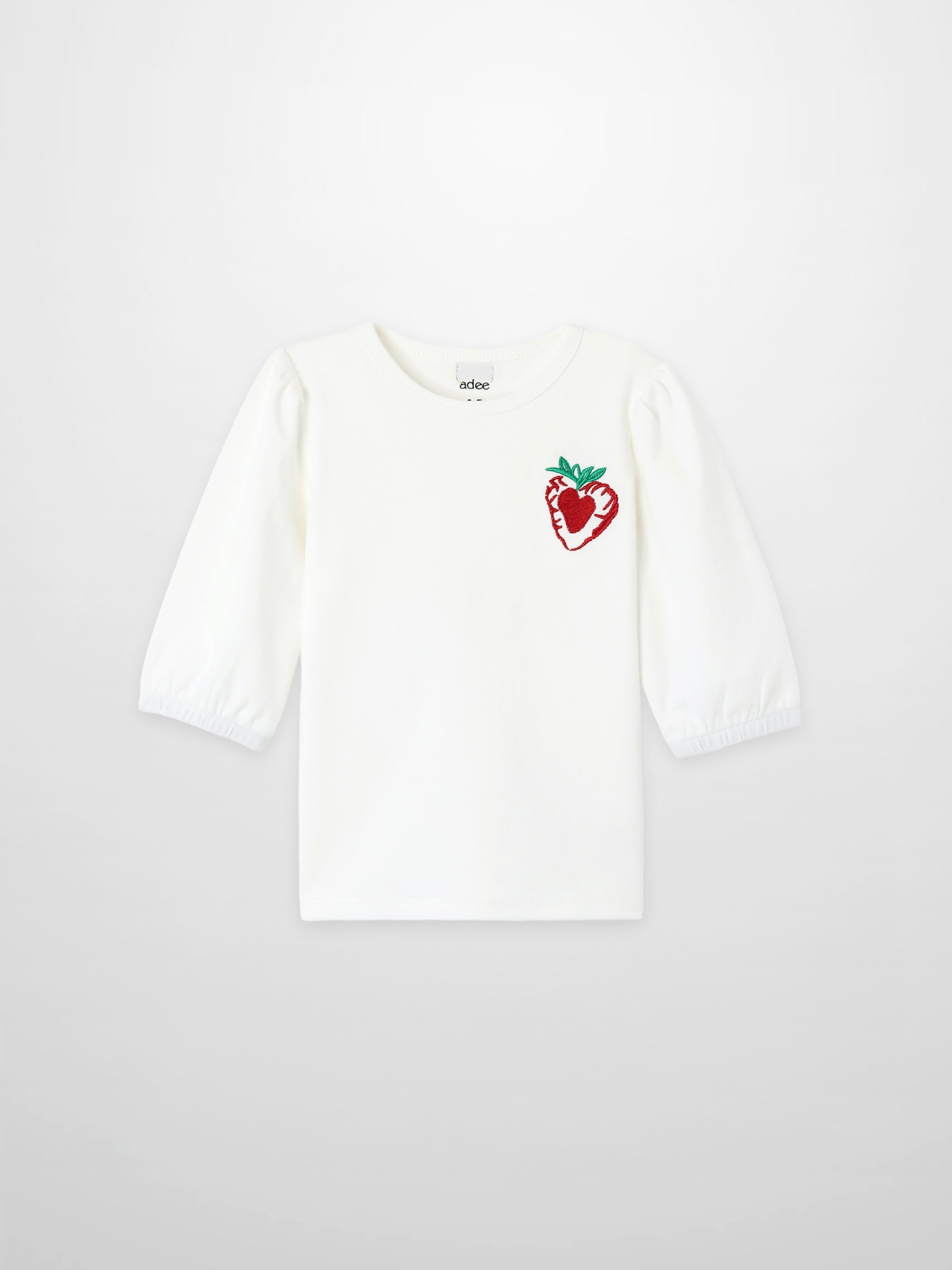 Embroidered Strawberry 3/4 Puff Sleeve T-shirt for girls, white, Adee