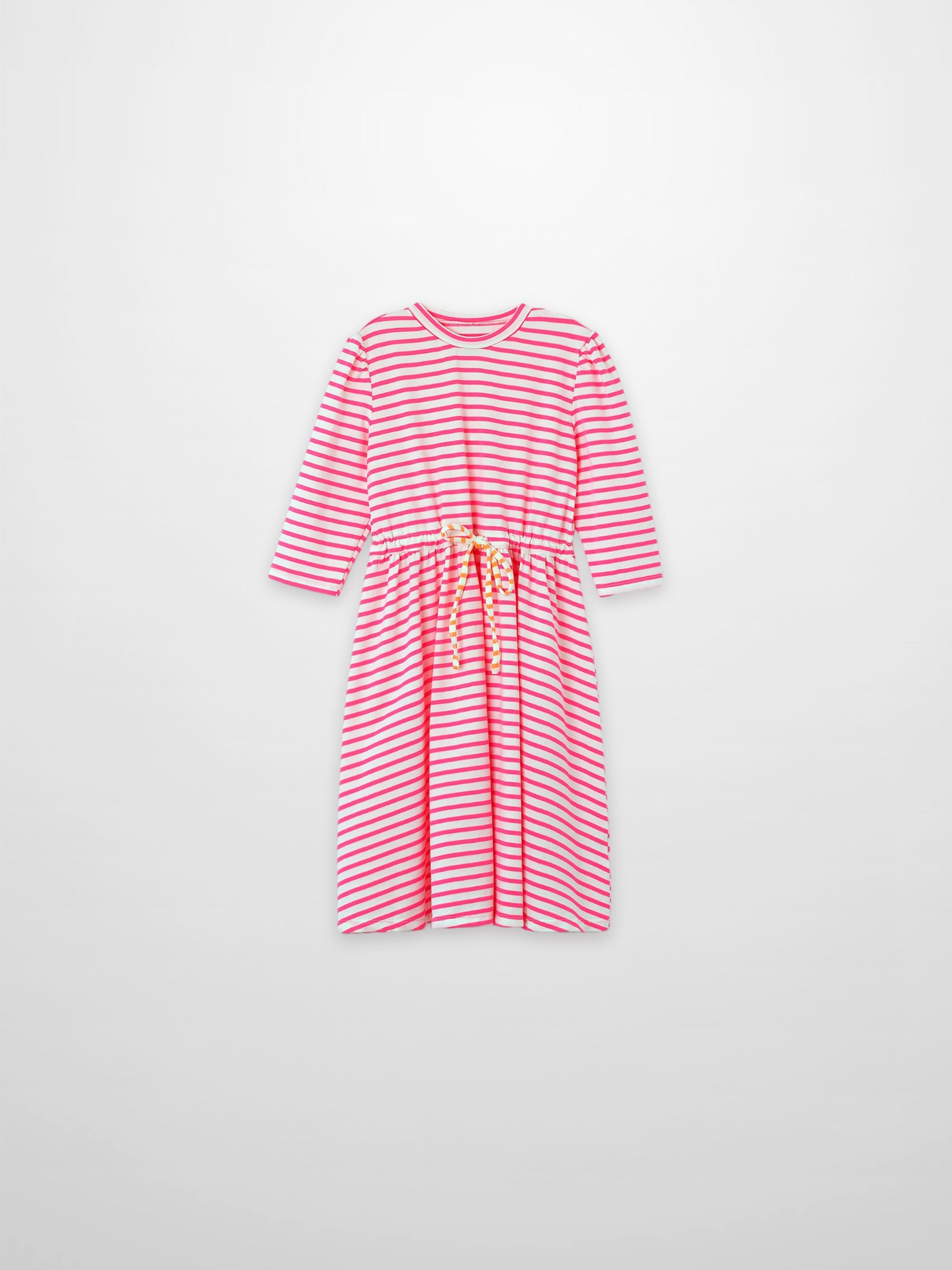 Neon pink striped dress for girls by Adee, 3/4 sleeves with a drawstring waist